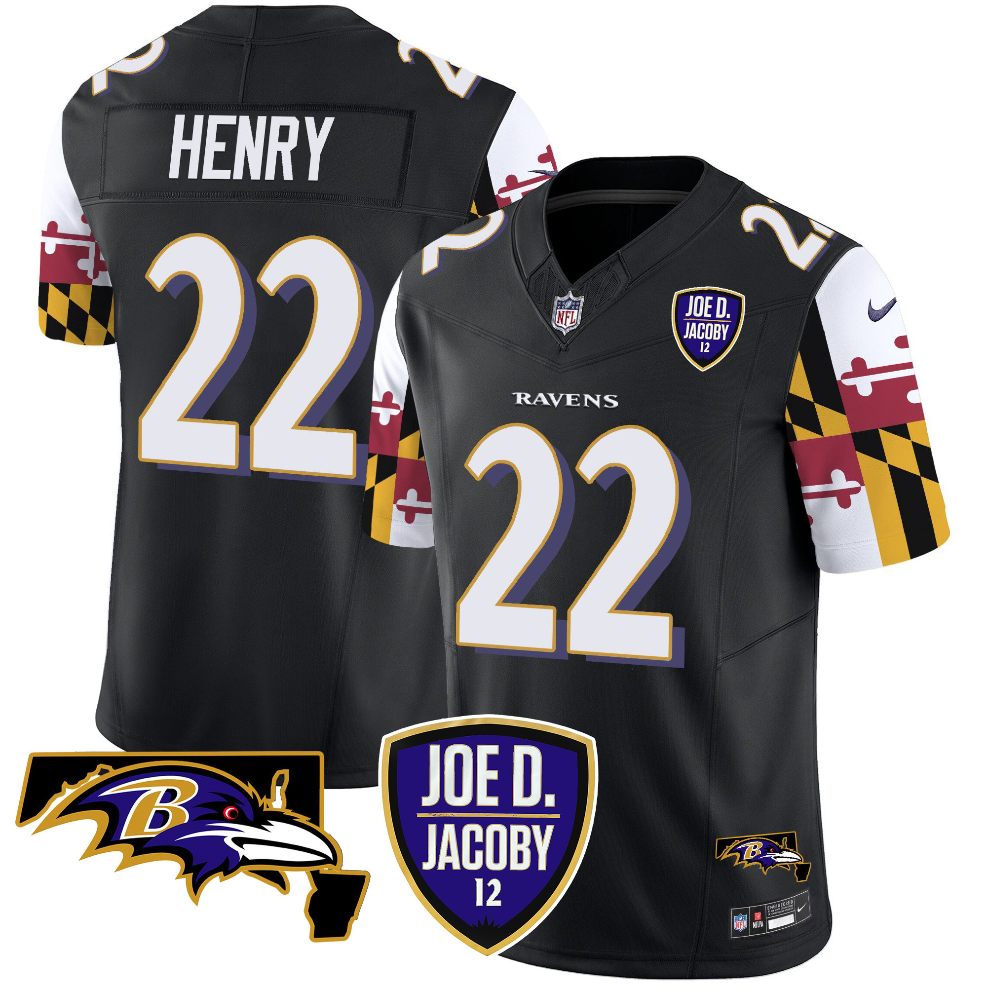 Men’s Derrick Henry Baltimore Ravens Joe D & Jacoby Patch Vapor Limited Black Jersey V2 – All Stitched