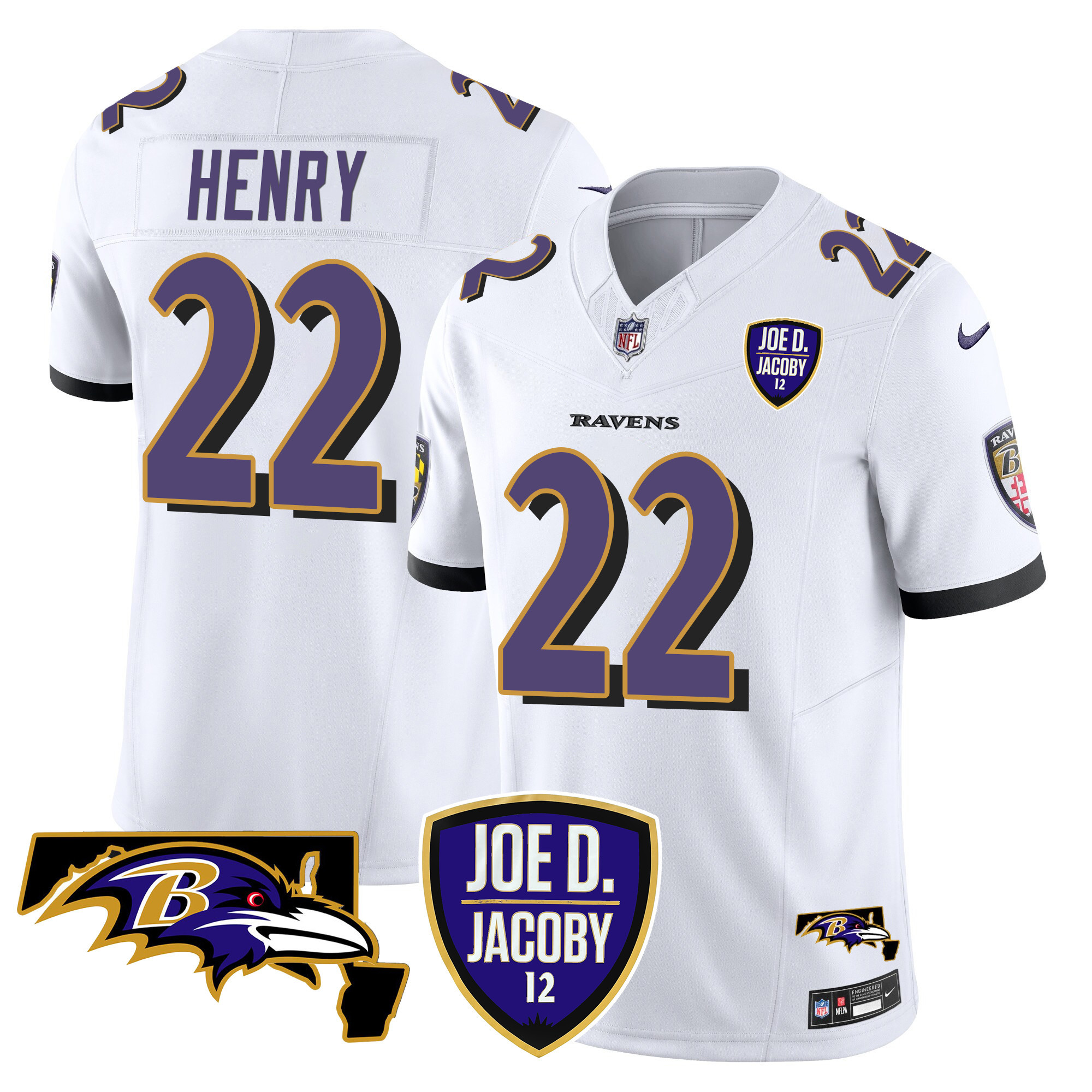 Men's Derrick Henry Baltimore Ravens Joe D & Jacoby Patch Vapor Limited White Jersey - All Stitched