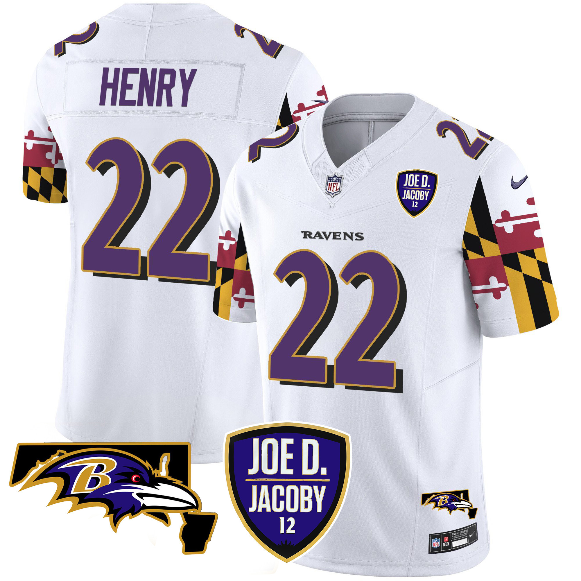 Men's Derrick Henry Baltimore Ravens Joe D & Jacoby Patch Vapor Limited White Jersey V2 - All Stitched