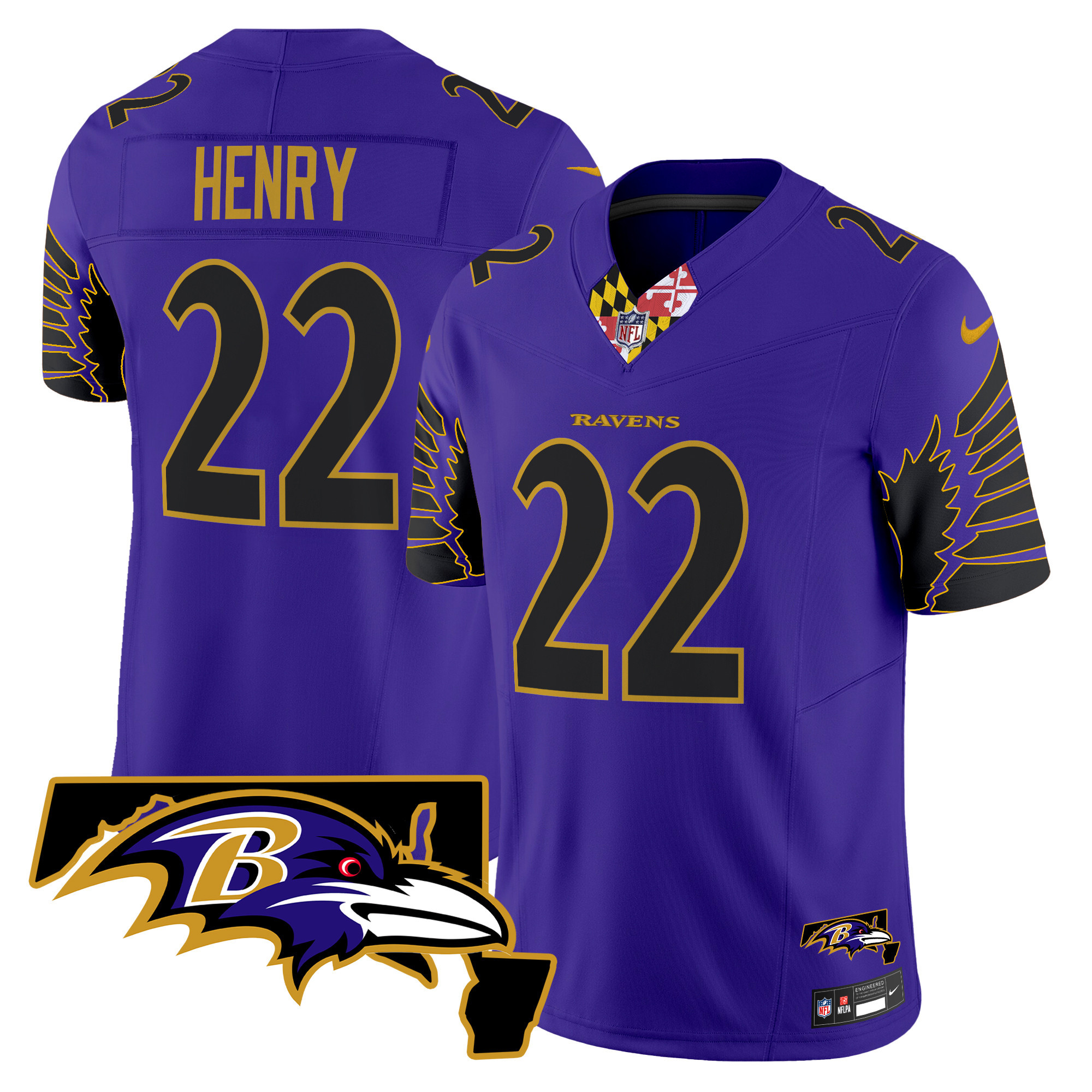 Men's Derrick Henry Baltimore Ravens Maryland Patch Vapor Limited Purple Limited Jersey V2 - All Stitched