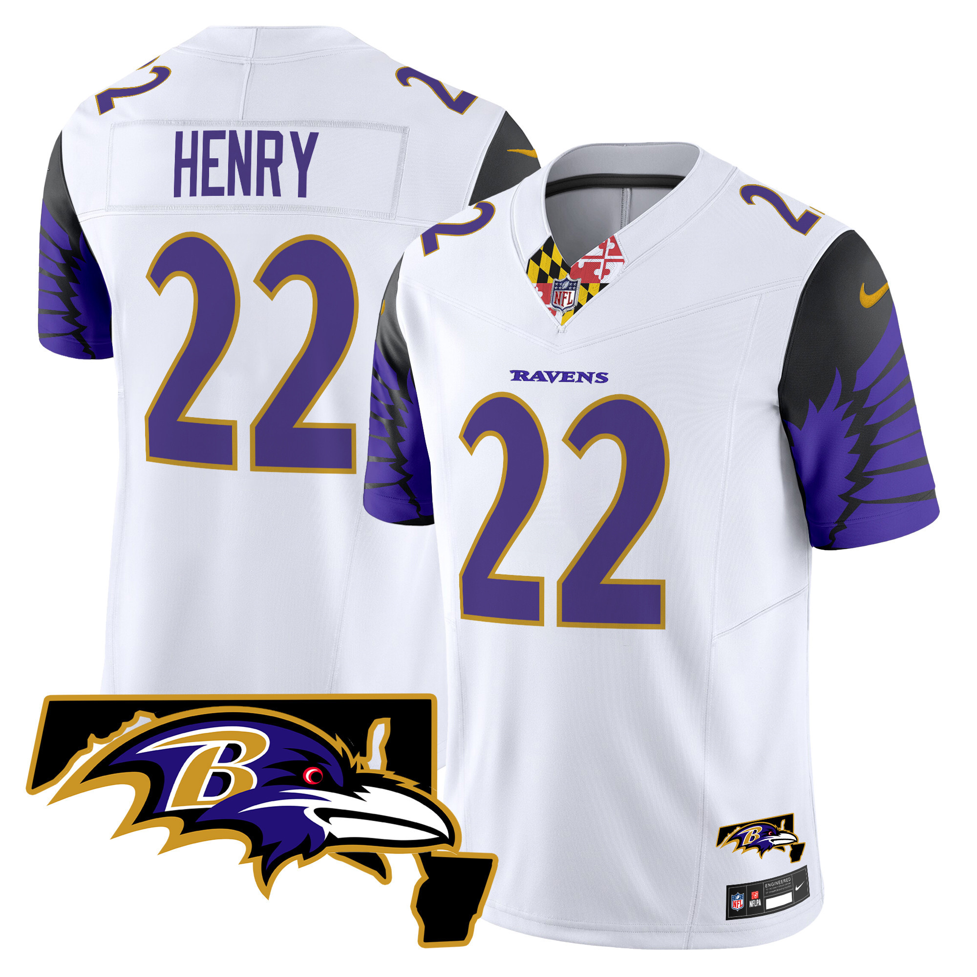 Men's Derrick Henry Baltimore Ravens Maryland Patch Vapor Limited White Jersey V2 - All Stitched