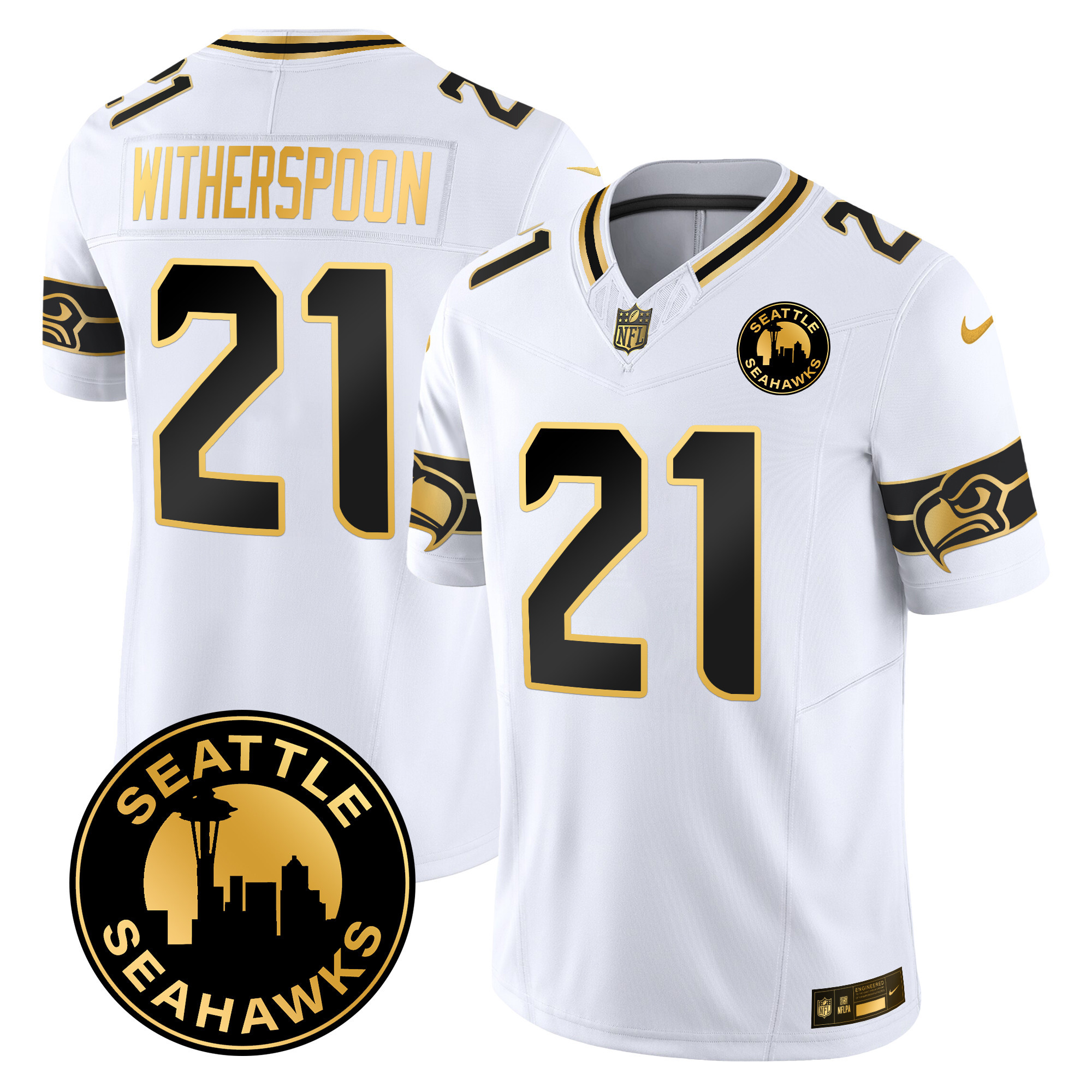 Men's Devon Witherspoon Seattle Seahawks 2024 Seattle City Patch Gold Vapor Limited White Gold Jersey - All Stitched
