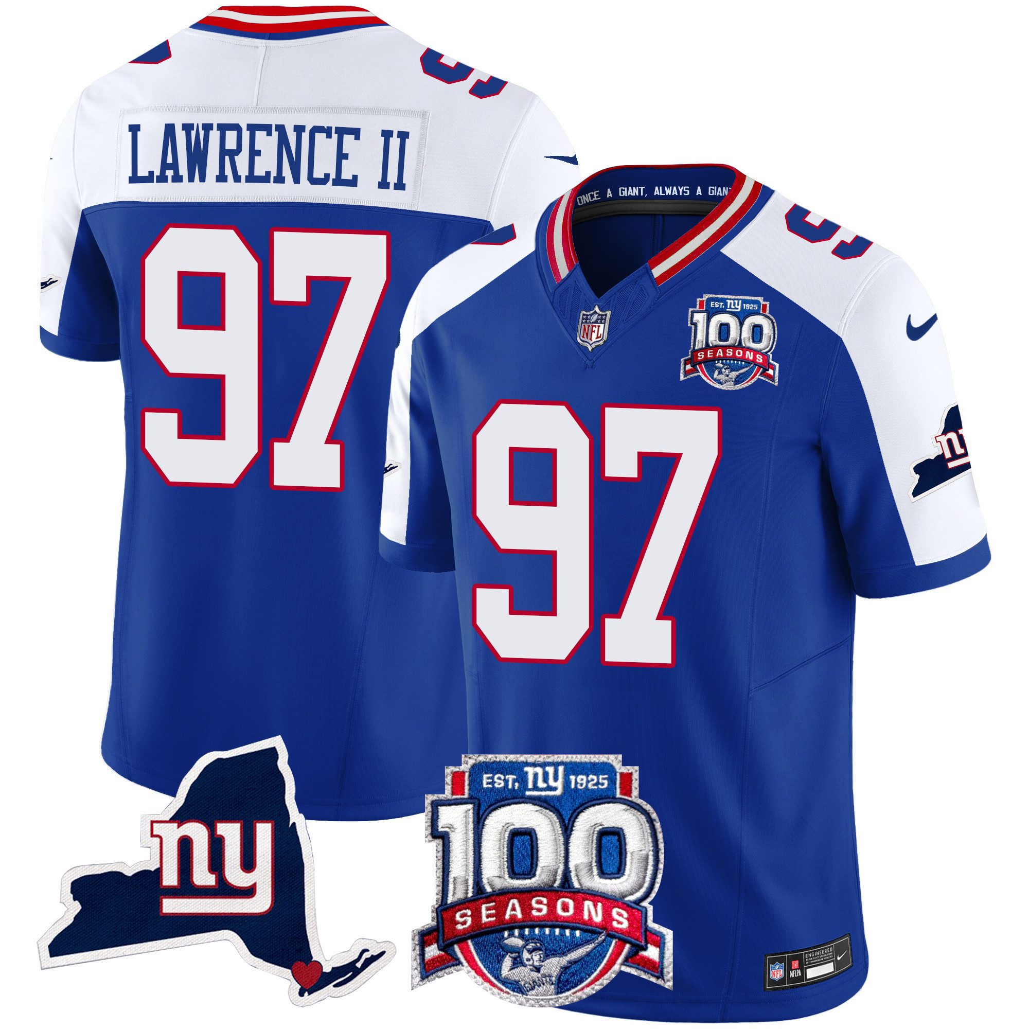 Men's Dexter Lawrence II New York Giants 100th Season & State Patch Vapor Limited Royal Alternate Jersey - All Stitched
