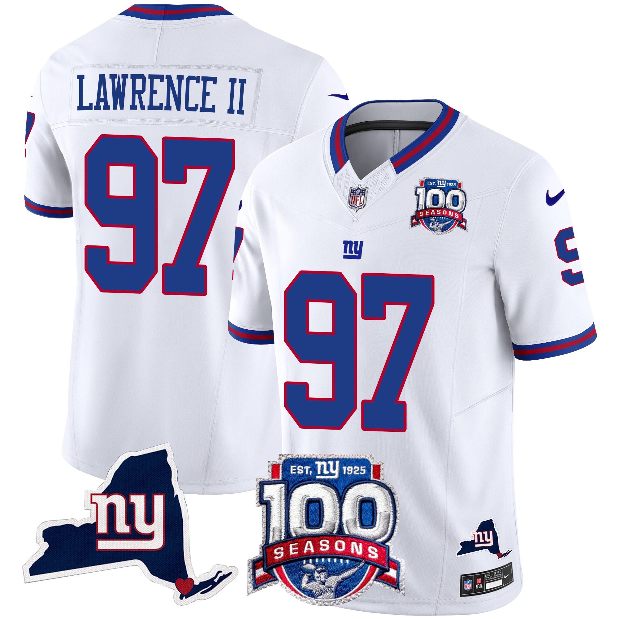 Men's Dexter Lawrence II New York Giants 100th Season & State Patch Vapor Limited White Jersey - All Stitched