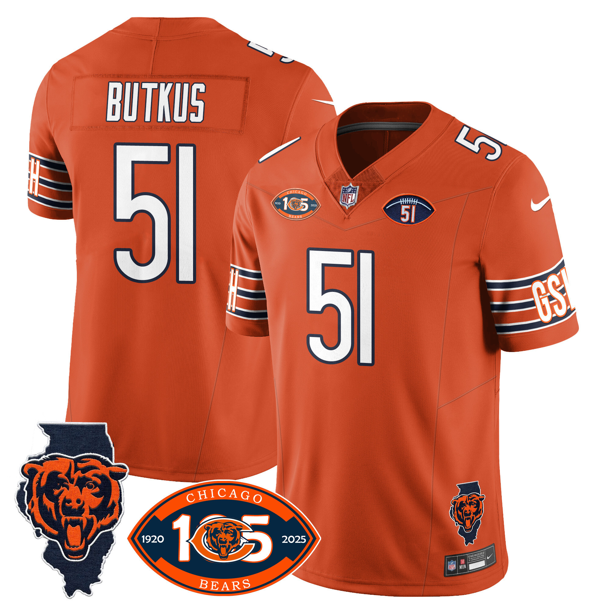 Men's Dick Butkus Chicago Bears 1920-2025 The Chicago Bears Vapor Limited Orange Jersey - All Stitched