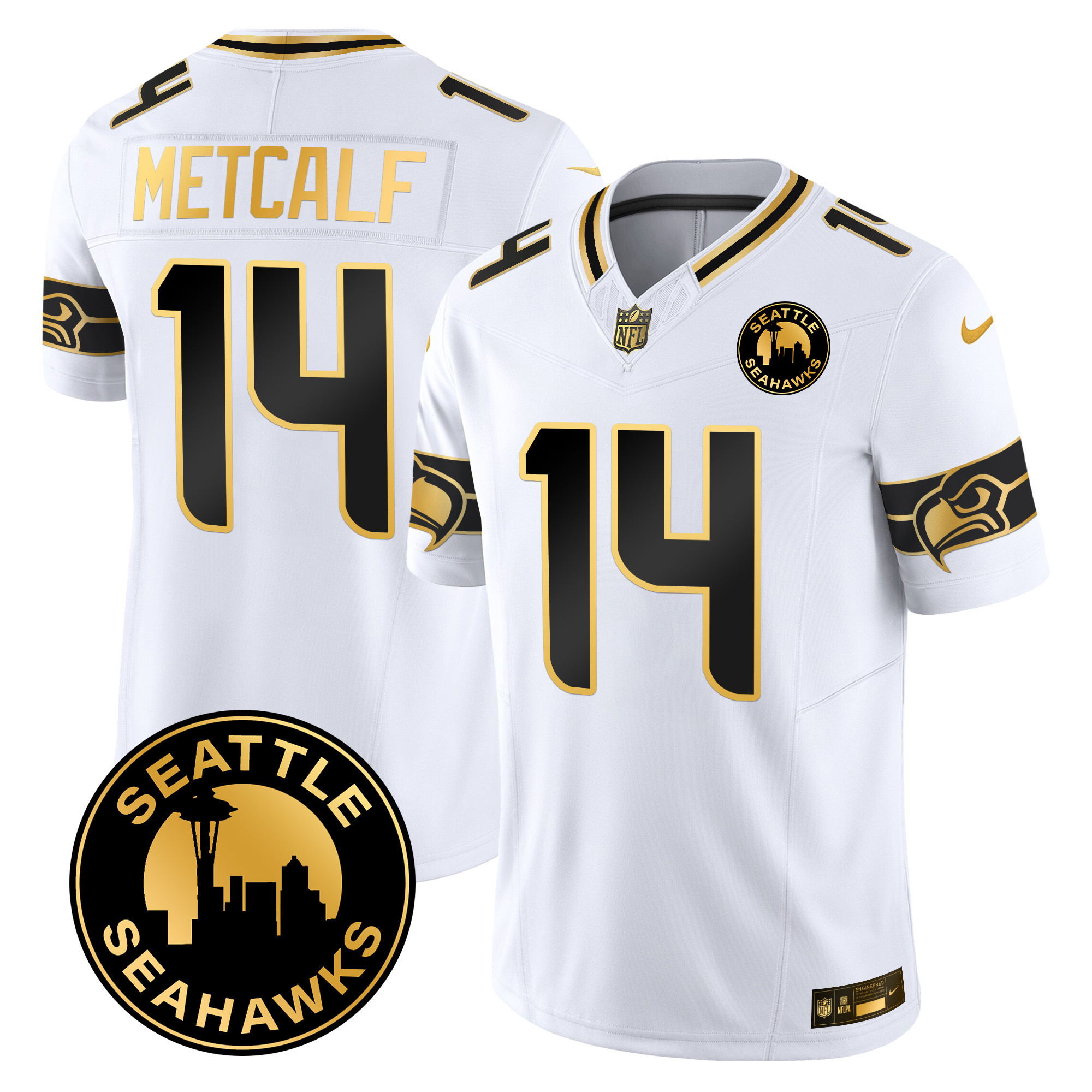 Men's Dk Metcalf Seattle Seahawks 2024 Seattle City Patch Gold Vapor Limited White Gold Jersey - All Stitched
