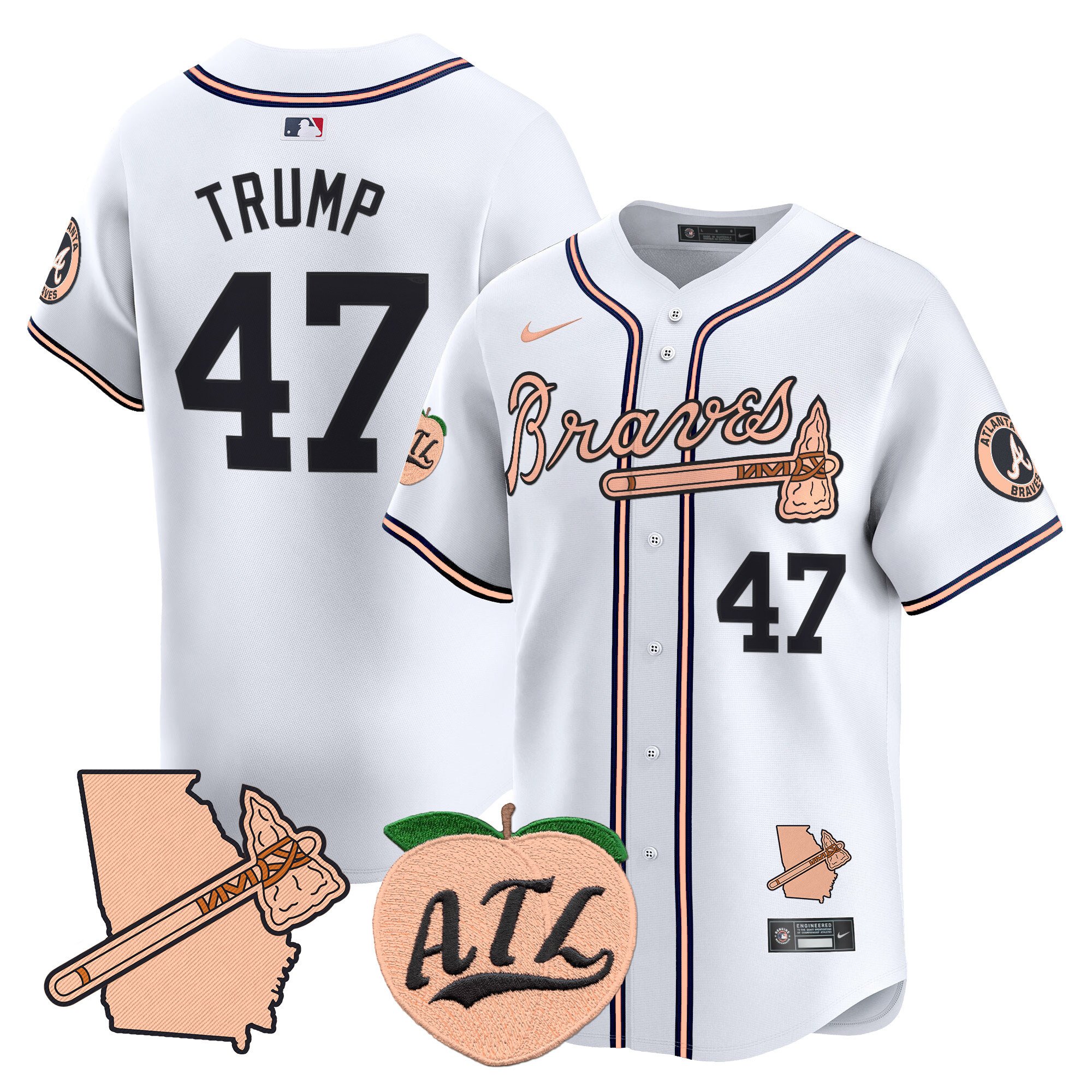 Men's Donald Trump Atlanta Braves Peach Vapor Premier Limited White Jersey - All Stitched