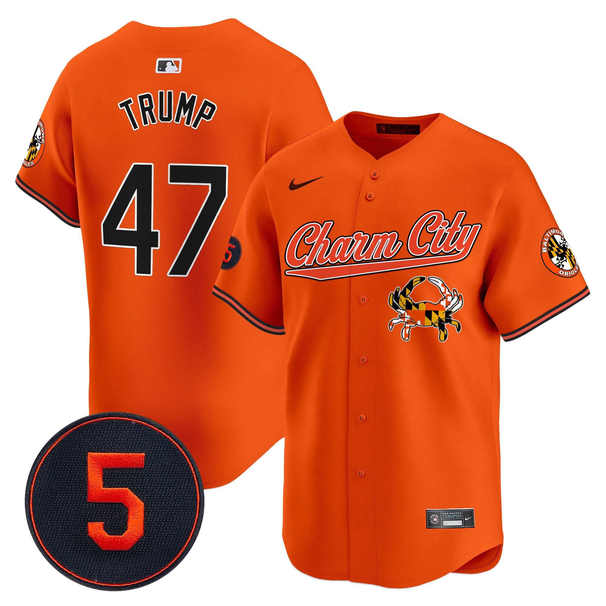 Men's Donald Trump Baltimore Orioles Robinson Patch Vapor Premier Limited Orange Jersey V8 - All Stitched