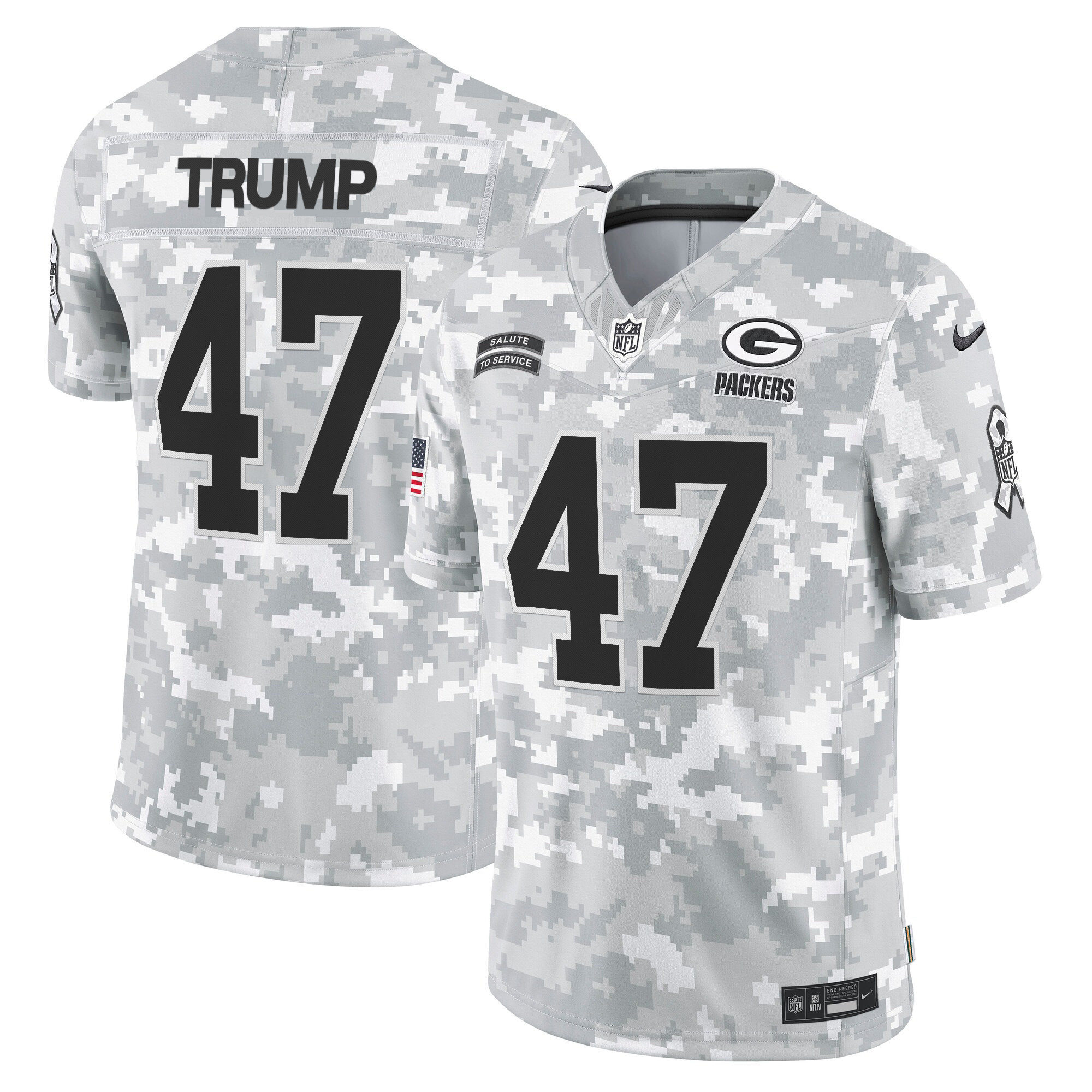 Men's Donald Trump Green Bay Packers 2024 Salute to Service Vapor Limited Arctic Camo Jersey - All Stitched