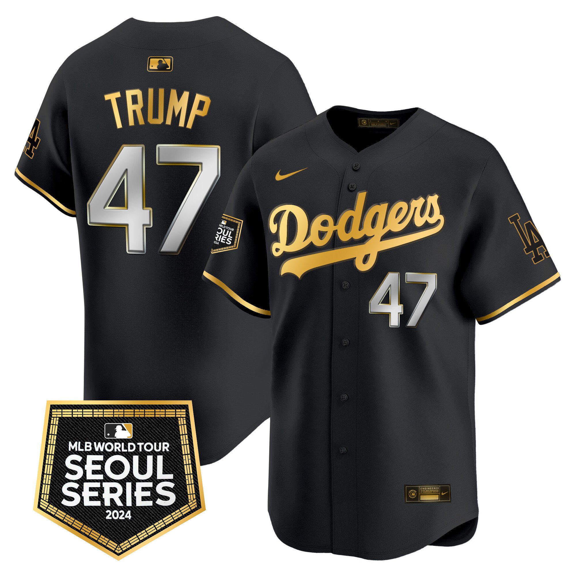 Men's Donald Trump Los Angeles Dodgers 2024 World Tour Seoul Series Patch Vapor Premier Limited Black Gold Jersey - All Stitched