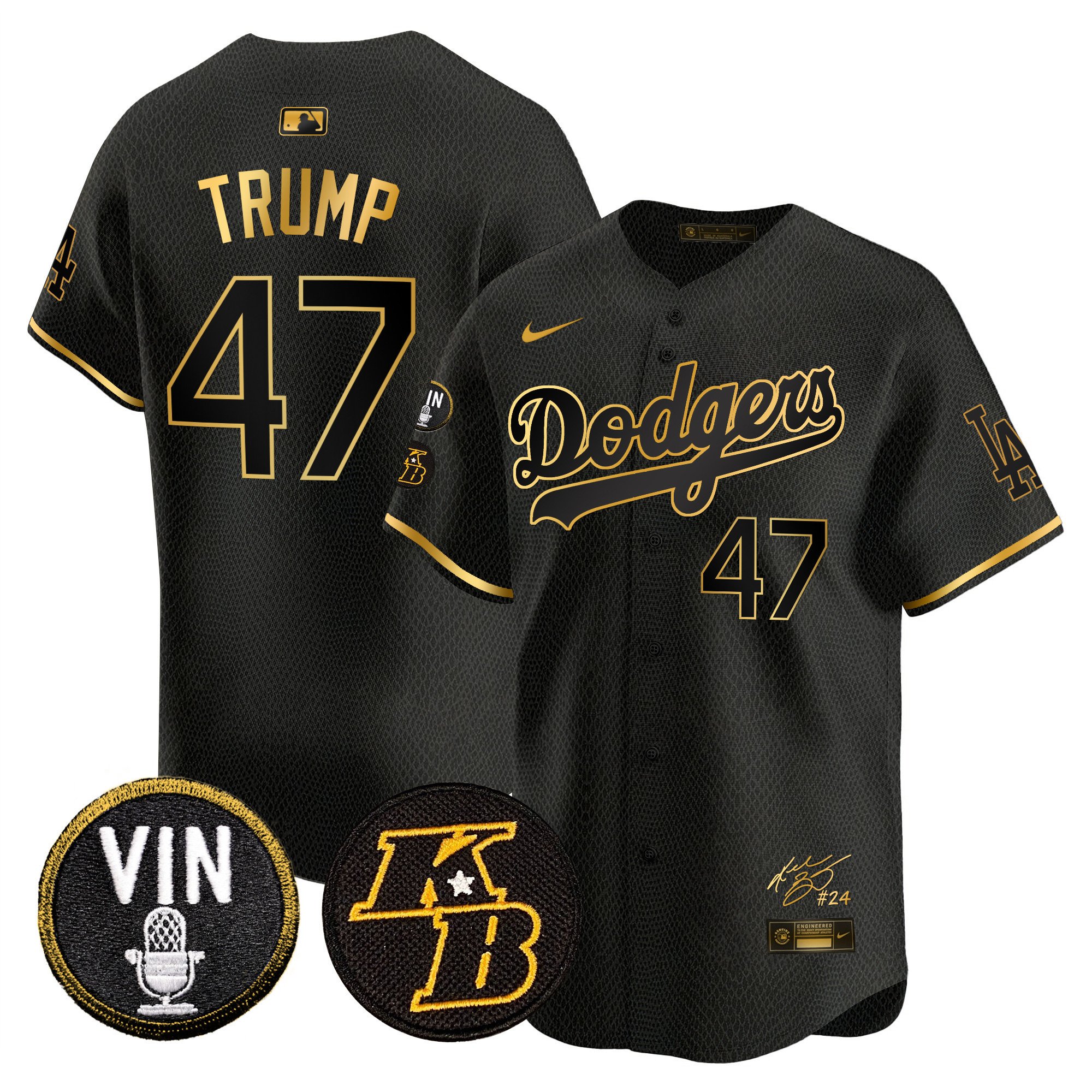 Men's Donald Trump Los Angeles Dodgers Vin Patch & Kobe Bryant Signature Vapor Premier Limited Mamba Gold Jersey - All Stitched
