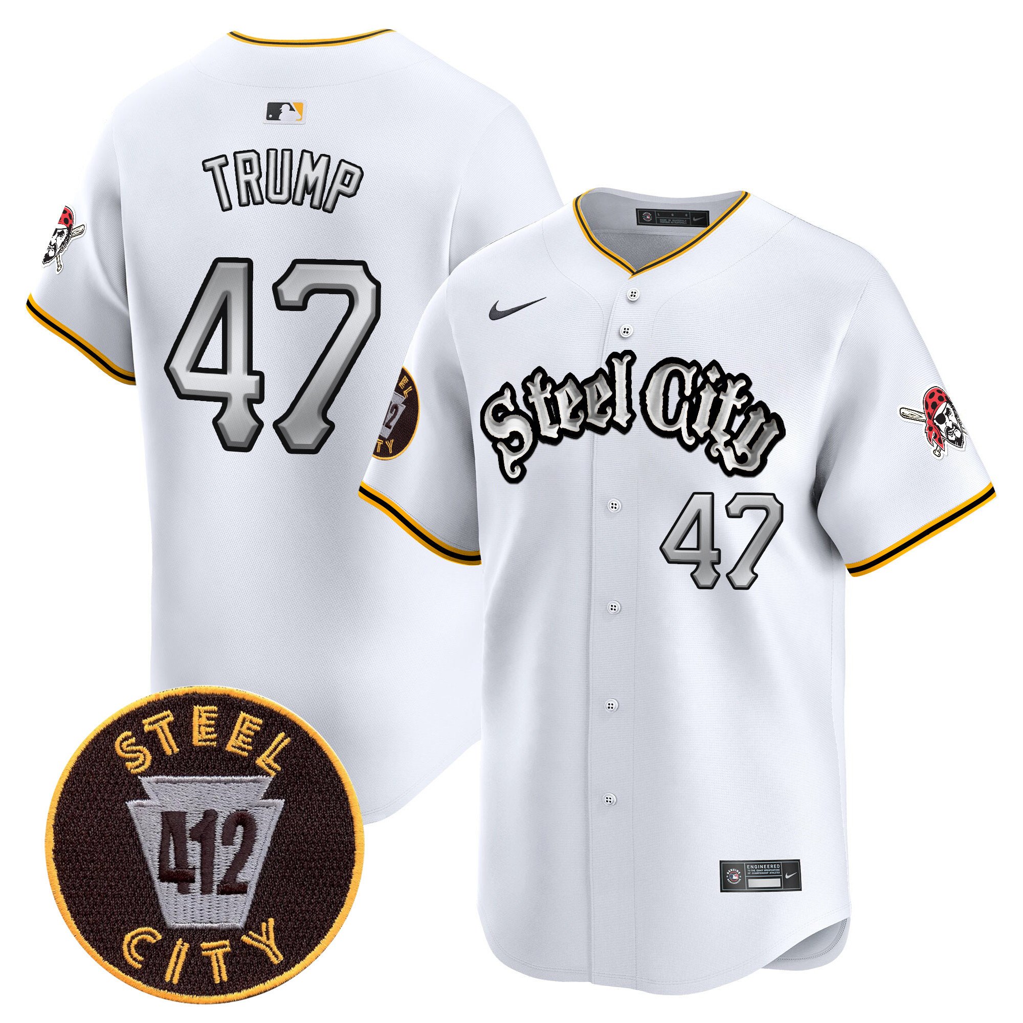 Men's Donald Trump Pittsburgh Pirates 412 Patch Vapor Premier Limited White Jersey V2 - All Stitched