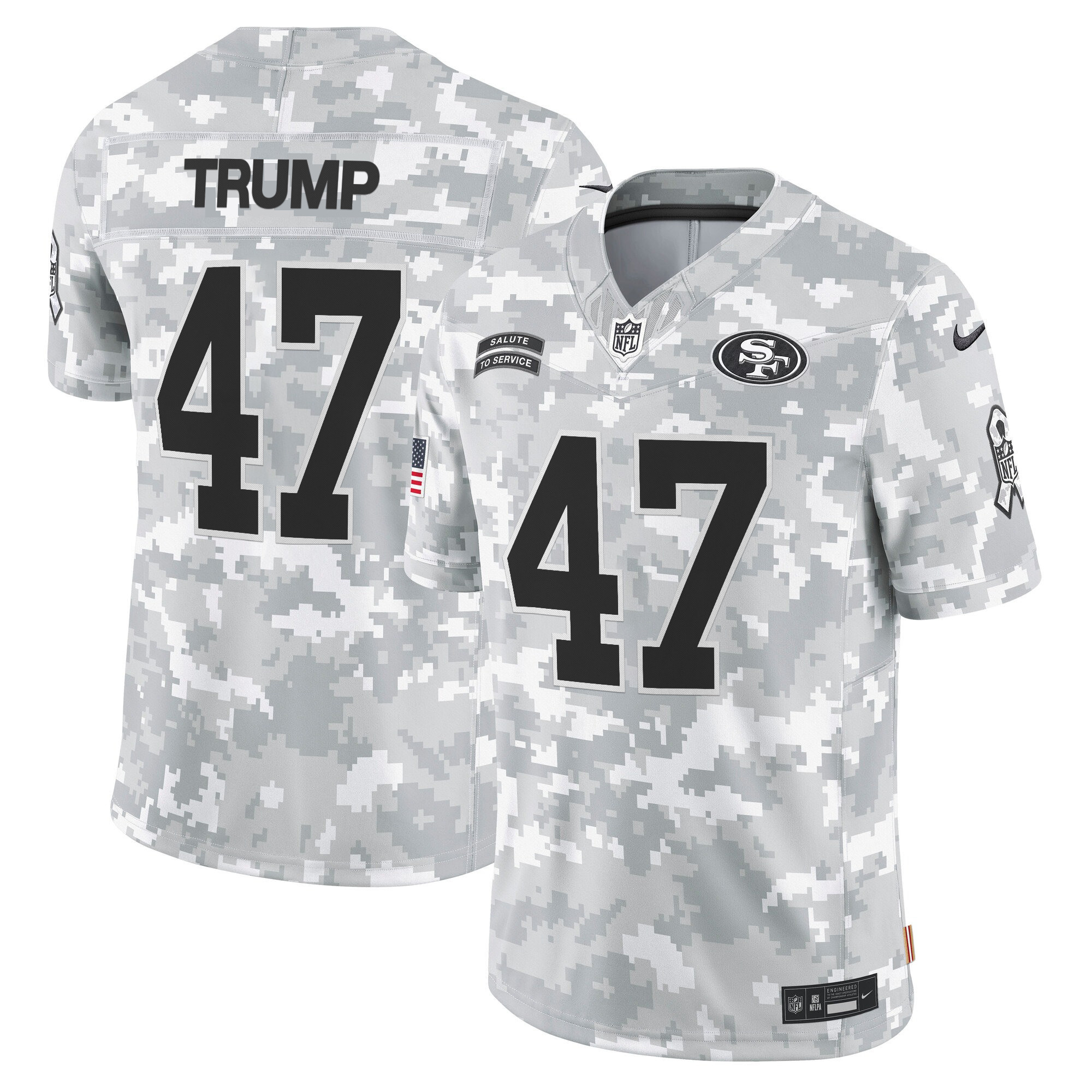 Men's Donald Trump San Francisco 49ers 2024 Salute to Service Vapor Limited Arctic Camo Jersey - All stitched