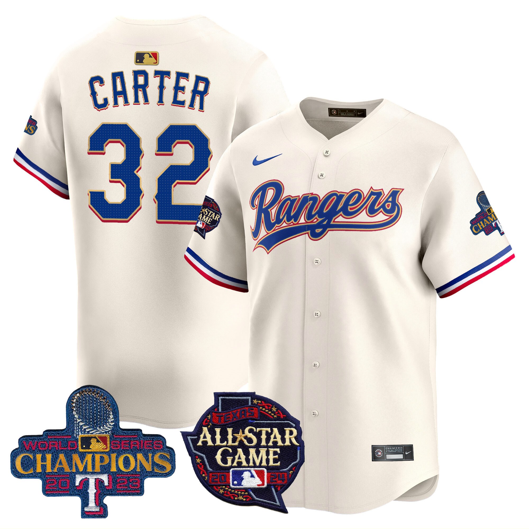 Men's Evan Carter Texas Rangers 2024 All Star Game Patch Vapor Premier Limited Cream Jersey - All Stitched