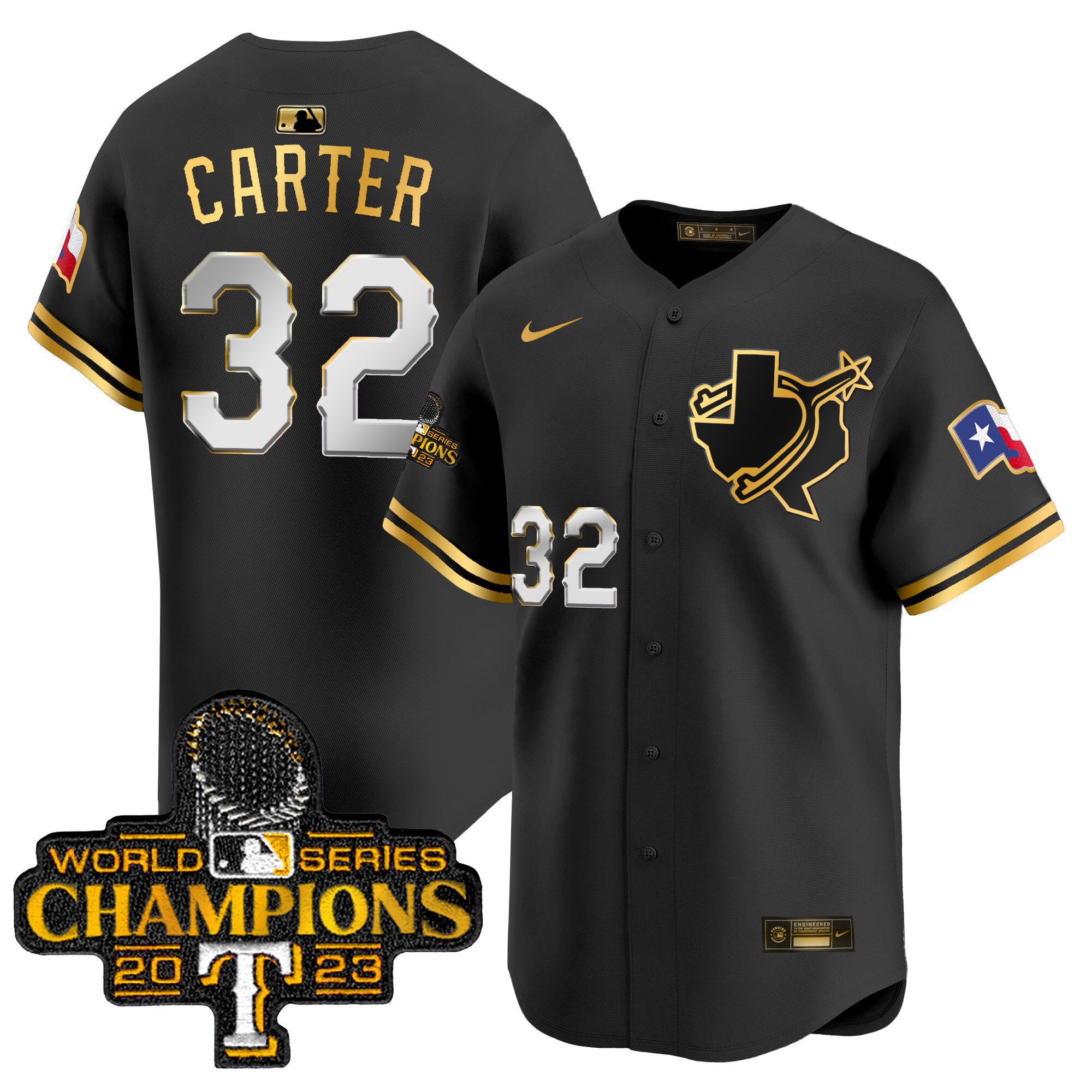 Men's Evan Carter Texas Rangers World Series Champions Vapor Premier Limited Black Gold Jersey V3 - All Stitched