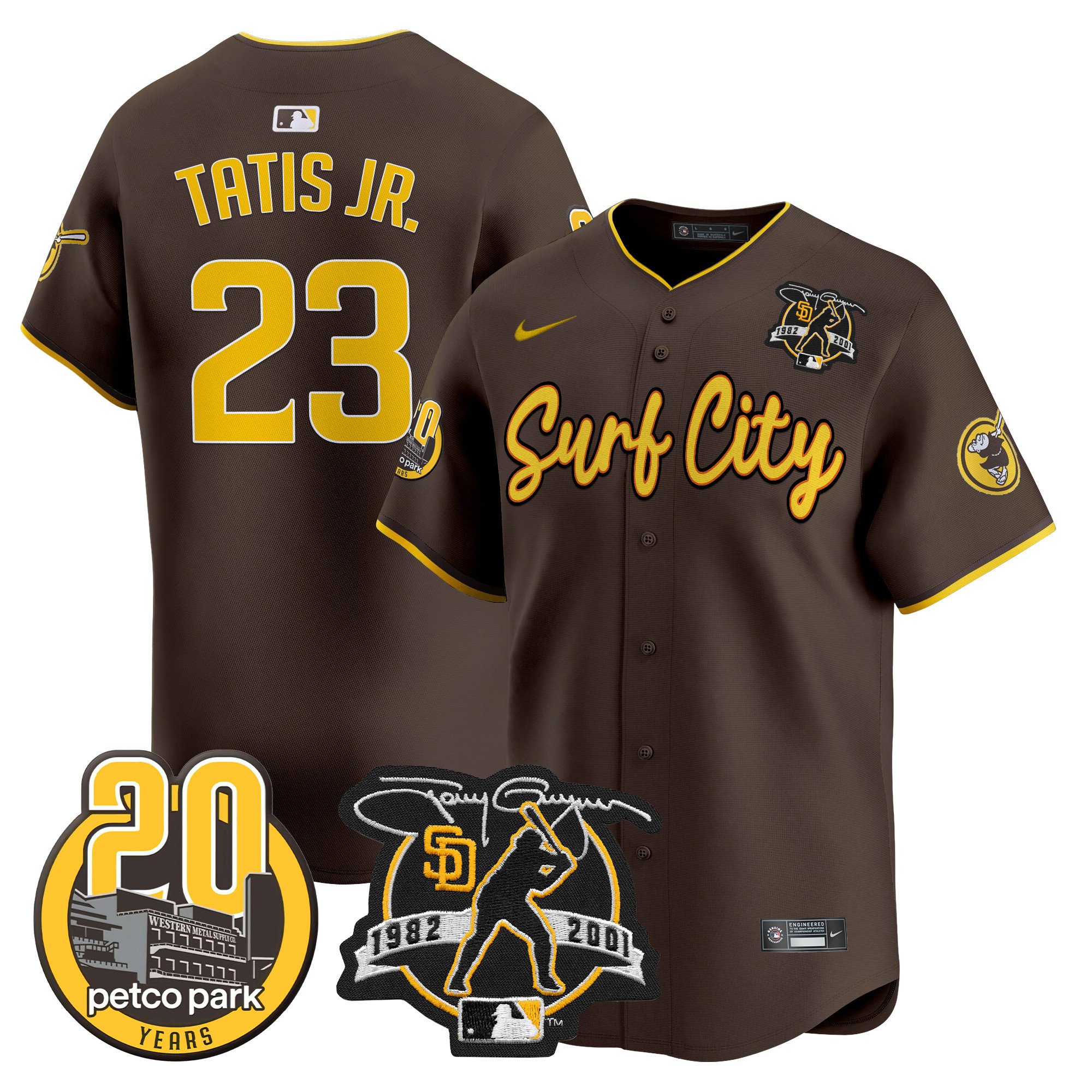 Men's Fernando Tatis Jr. San Diego Padres Tony Gwynn & Petco Park 20th Patch Vapor Premier Limited Brown Jersey V3 Ã± All Stitched