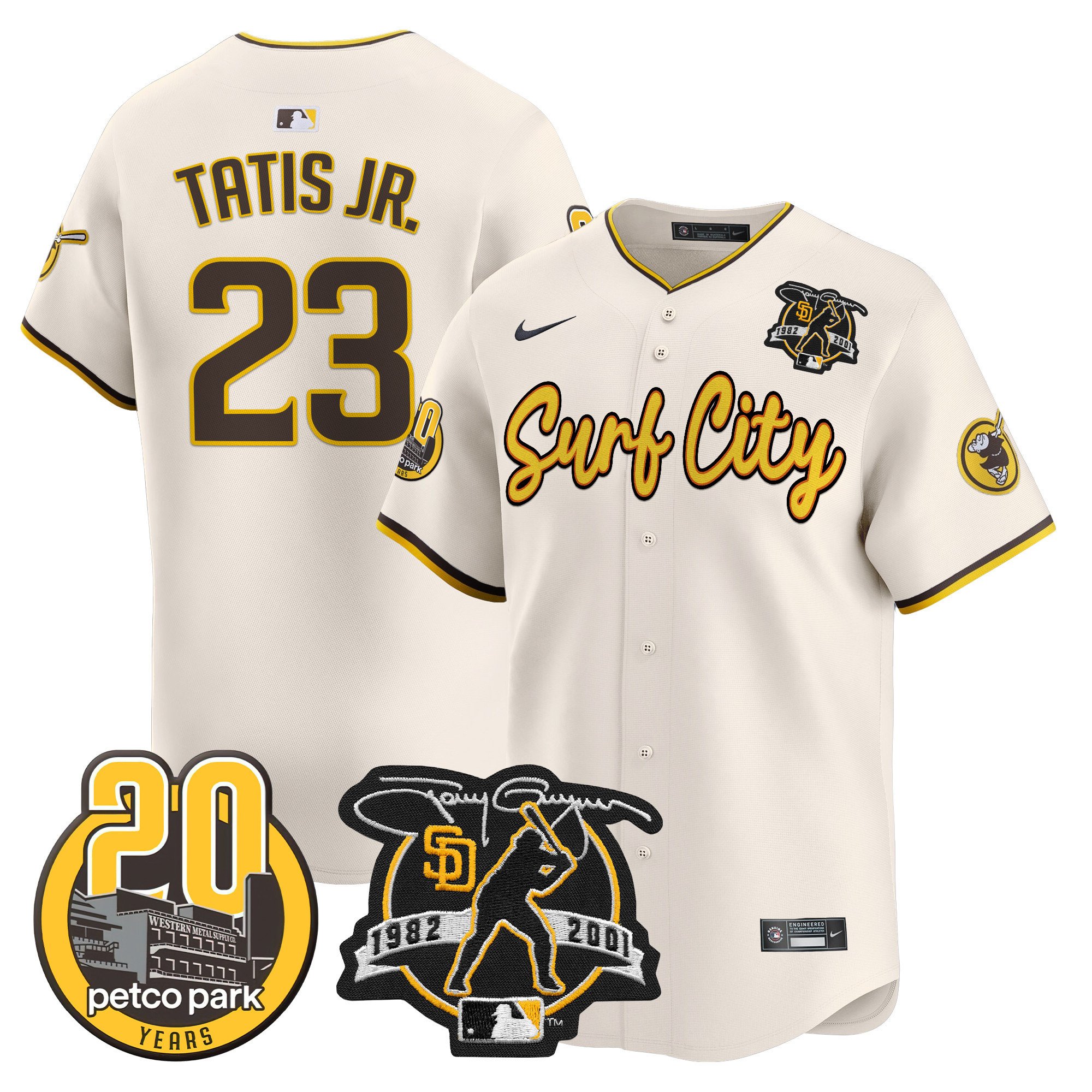 Men's Fernando Tatis Jr. San Diego Padres Tony Gwynn & Petco Park 20th Patch Vapor Premier Limited Cream Jersey V3 Ã± All Stitched