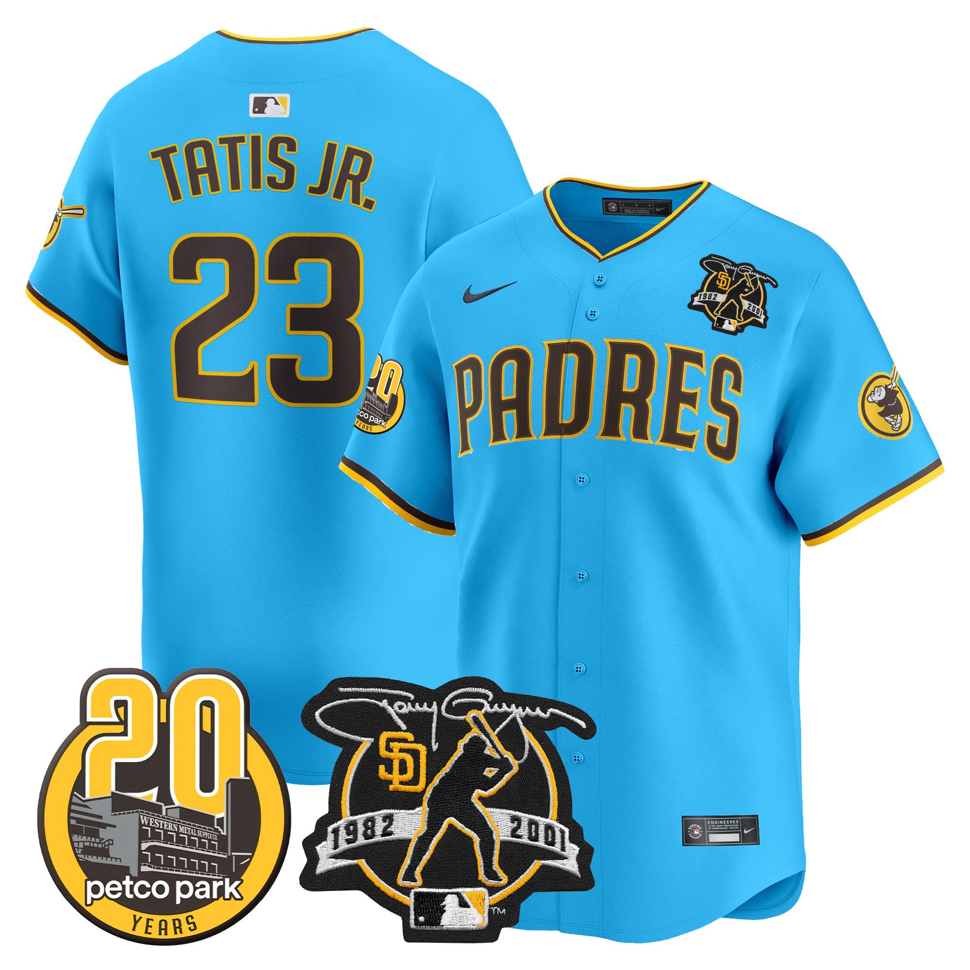 Men's Fernando Tatis Jr. San Diego Padres Tony Gwynn & Petco Park 20th Patch Vapor Premier Limited Light Blue Jersey V2 Ã± All Stitched