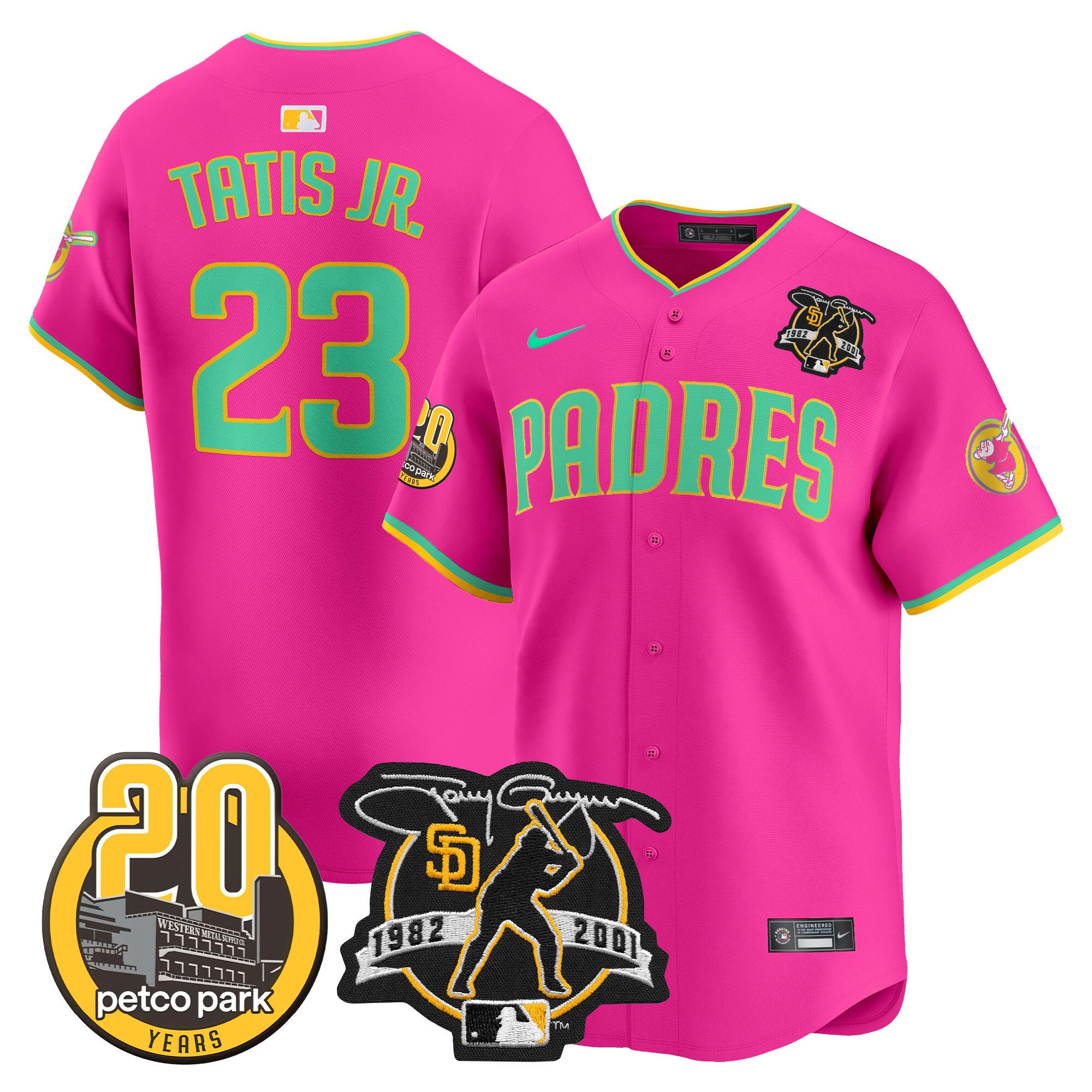 Men's Fernando Tatis Jr. San Diego Padres Tony Gwynn & Petco Park 20th Patch Vapor Premier Limited Pink Jersey V2 Ã± All Stitched
