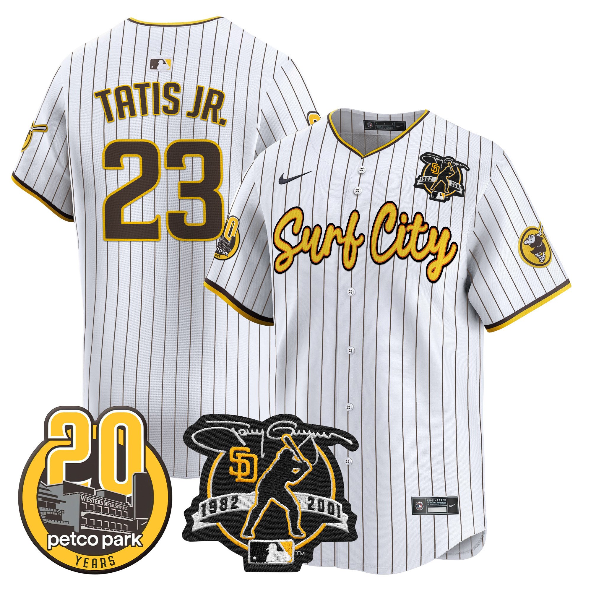 Men's Fernando Tatis Jr. San Diego Padres Tony Gwynn & Petco Park 20th Patch Vapor Premier Limited Pinstripe Jersey V3 Ã± All Stitched