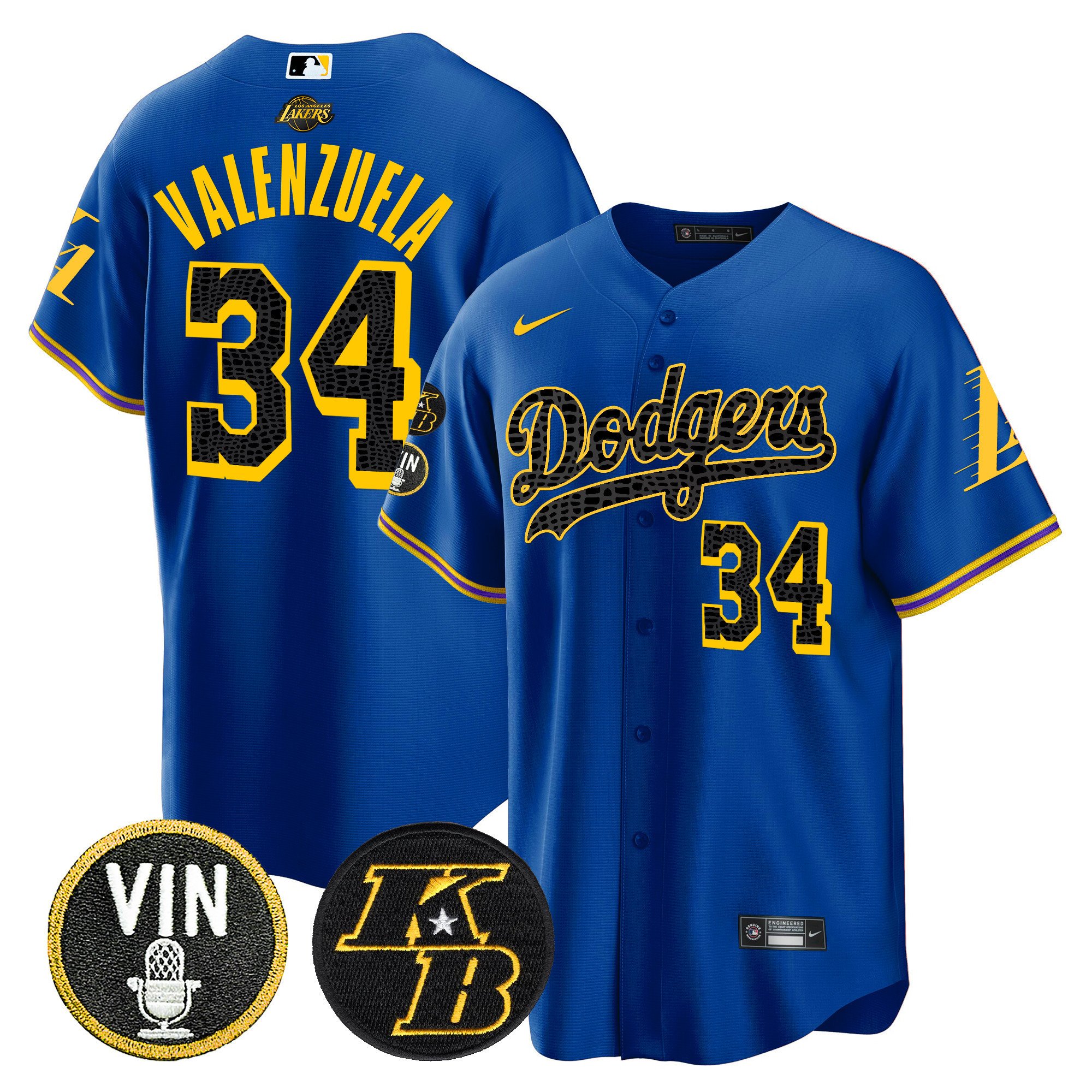 Men's Fernando Valenzuela Los Angeles Dodgers Bryant & Vin Patch Cool Base Mamba Royal Jersey - All Stitched