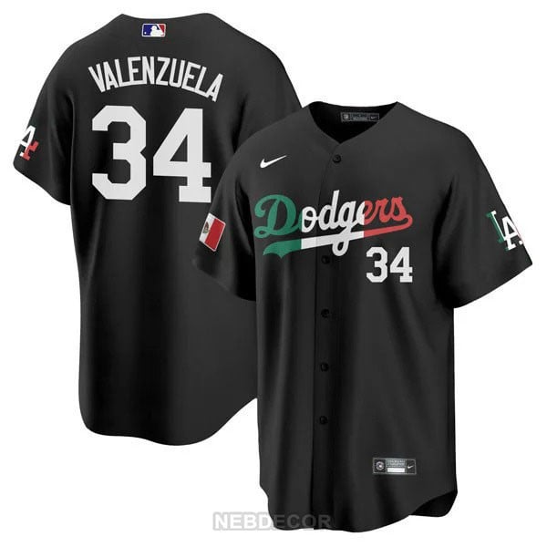Men's Fernando Valenzuela Los Angeles Dodgers Mexican Heritage Black Mexico Flag Jersey - All Stitched