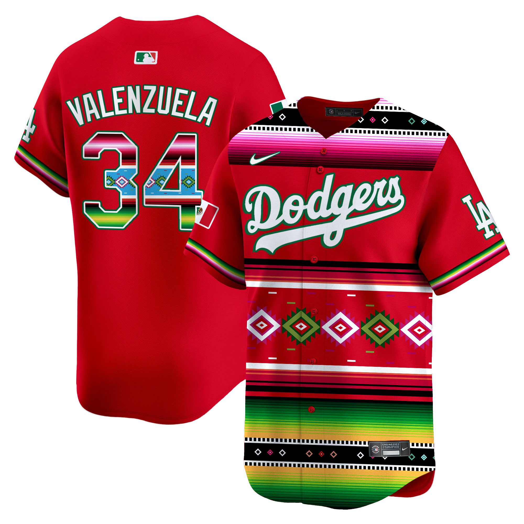 Men's Fernando Valenzuela Los Angeles Dodgers Mexico Vibrant Serape Vapor Premier Limited Red Jersey - Printed