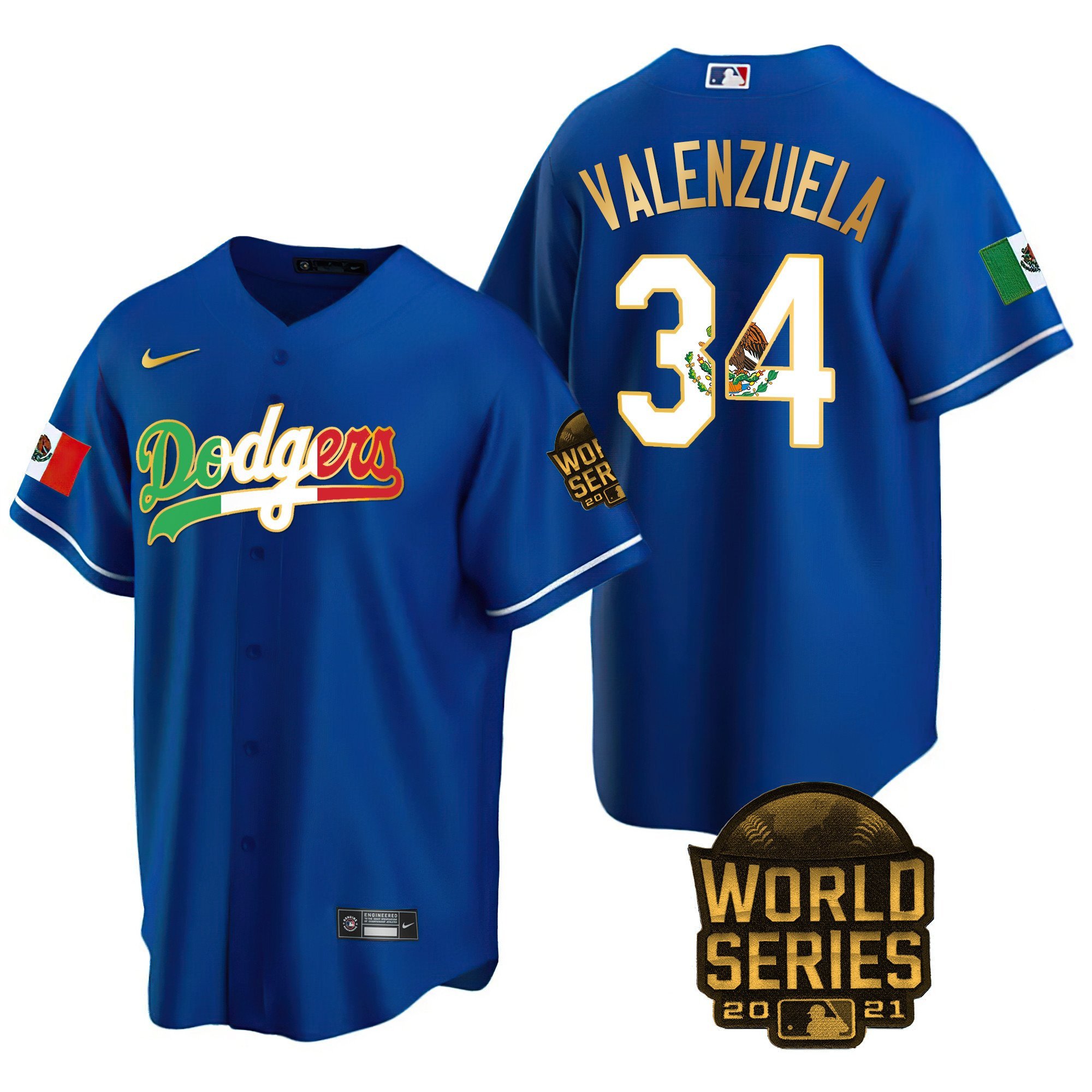 Men's Fernando Valenzuela Los Angeles Dodgers Mexico World Series Patch Royal Gold Trim Jersey - All Stitched