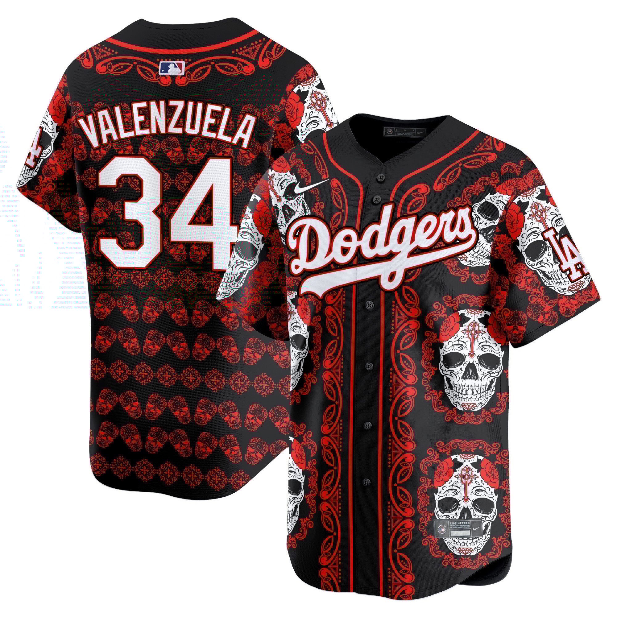 Men's Fernando Valenzuela Los Angeles Dodgers Paisley Sugar Skull Vapor Premier Limited Red Jersey - Printed
