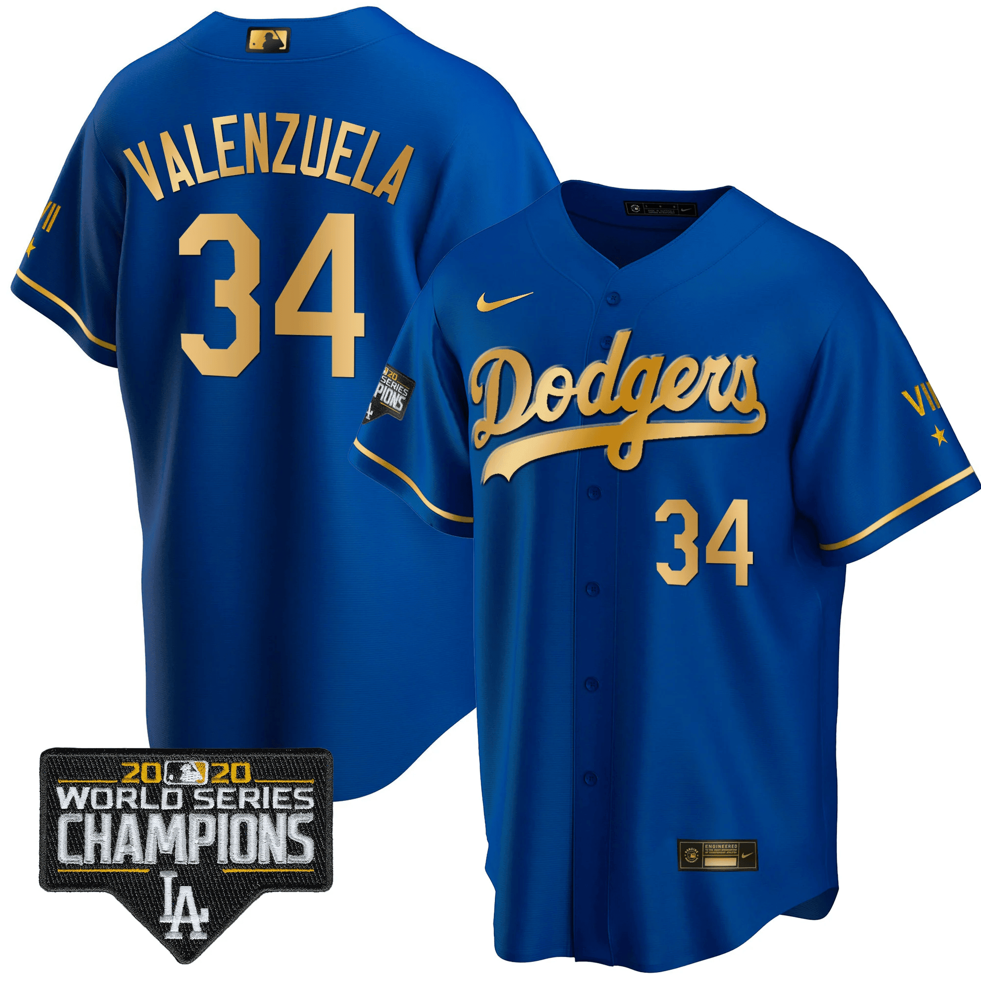 Men's Fernando Valenzuela Los Angeles Dodgers World Series Patch Gold Limited Cool Gold Royal Jersey - All Stitched