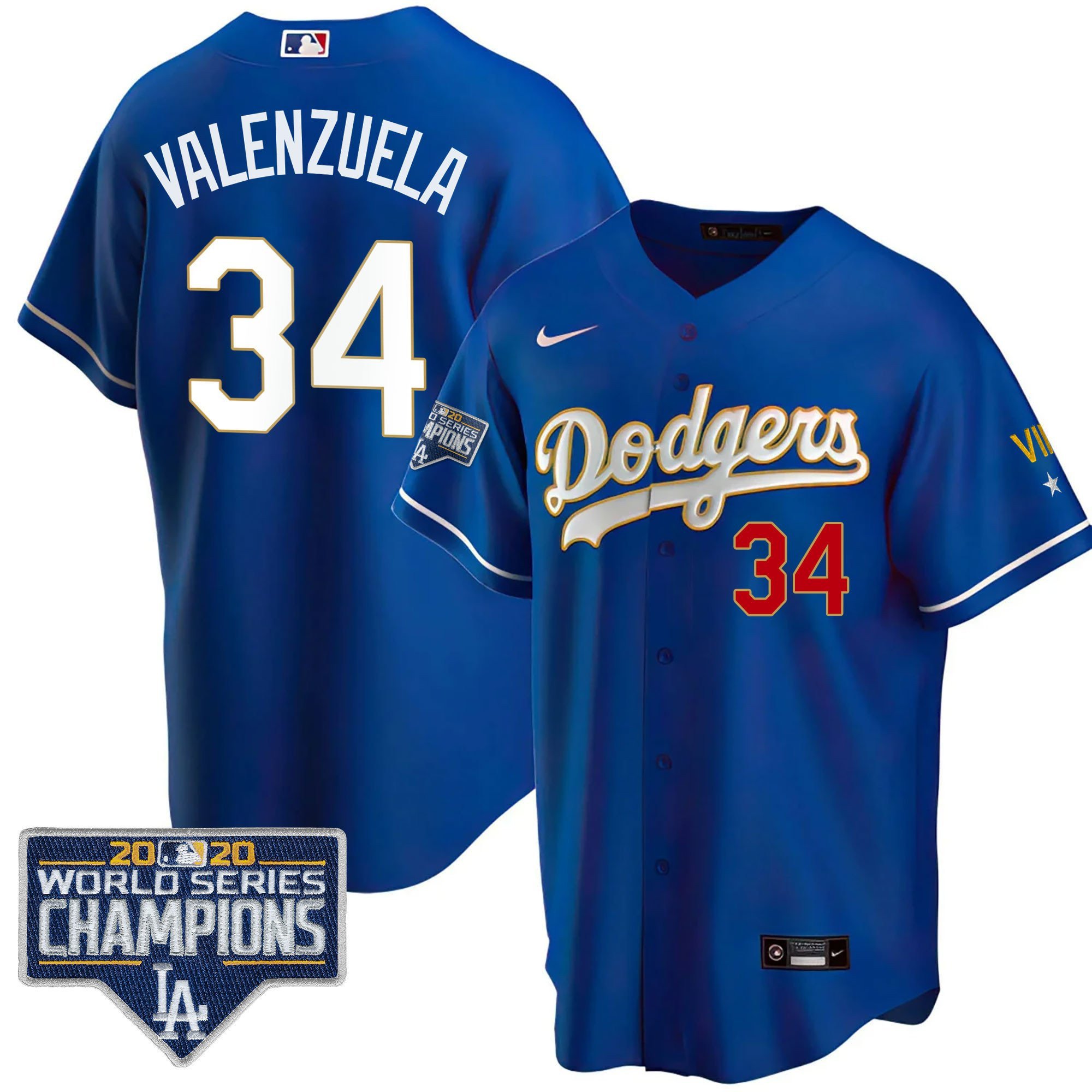 Men's Fernando Valenzuela Los Angeles Dodgers World Series Patch Gold Limited Cool Royal Jersey - All Stitched