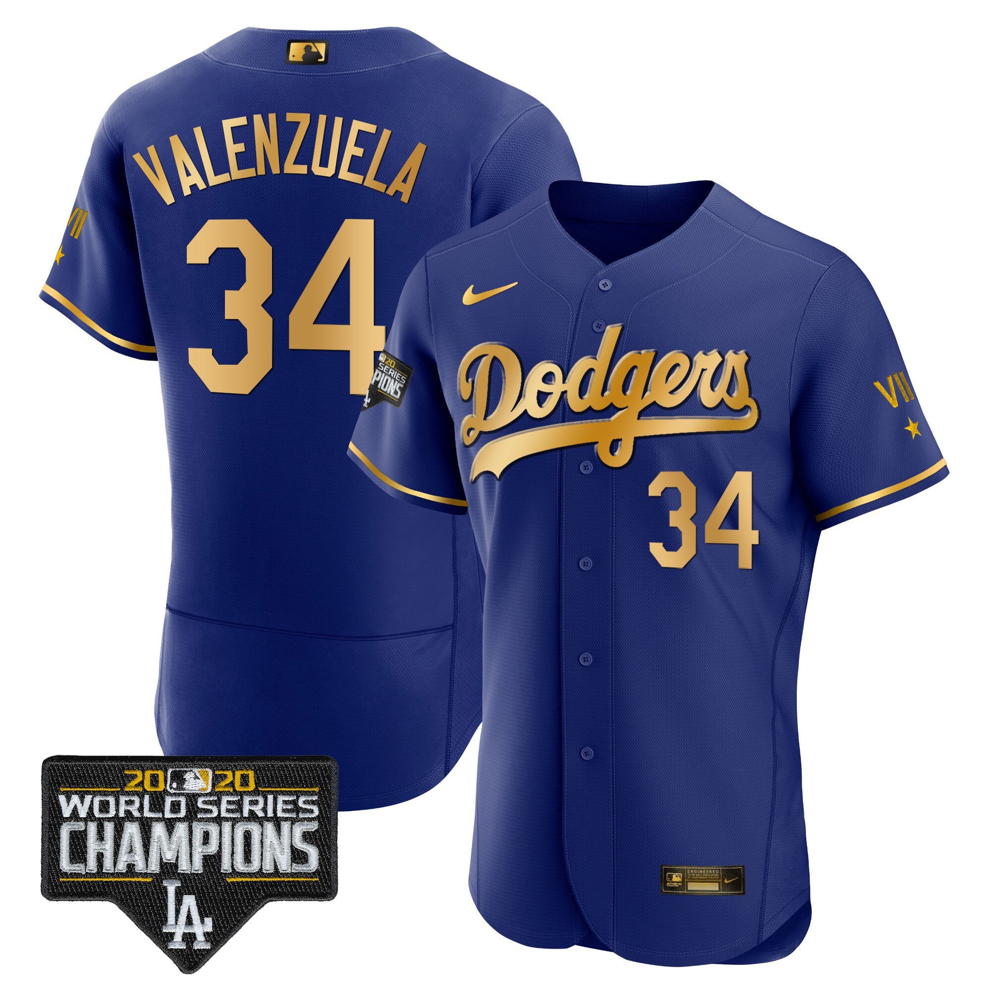 Men's Fernando Valenzuela Los Angeles Dodgers World Series Patch Gold Limited Flex Gold Royal Jersey - All Stitched