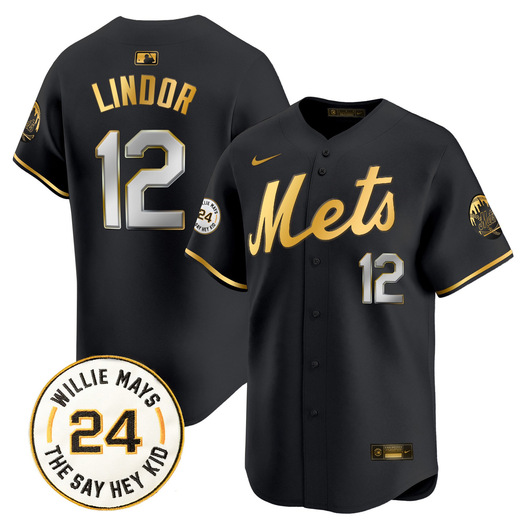 Men's Francisco Lindor New York Mets Willie Mays Patch Vapor Premier Limited Black Gold Jersey - All Stitched