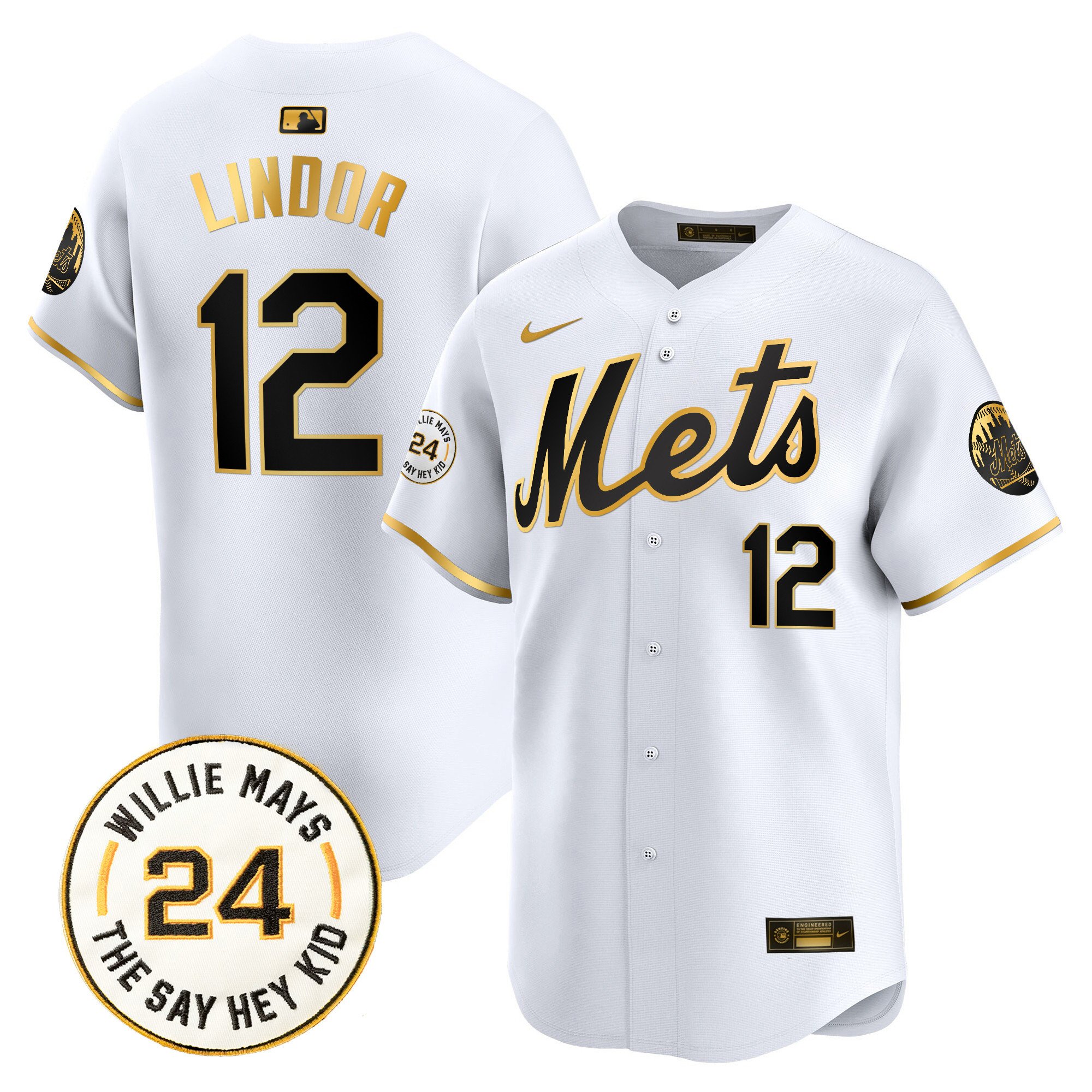 Men's Francisco Lindor New York Mets Willie Mays Patch Vapor Premier Limited White Gold Jersey - All Stitched