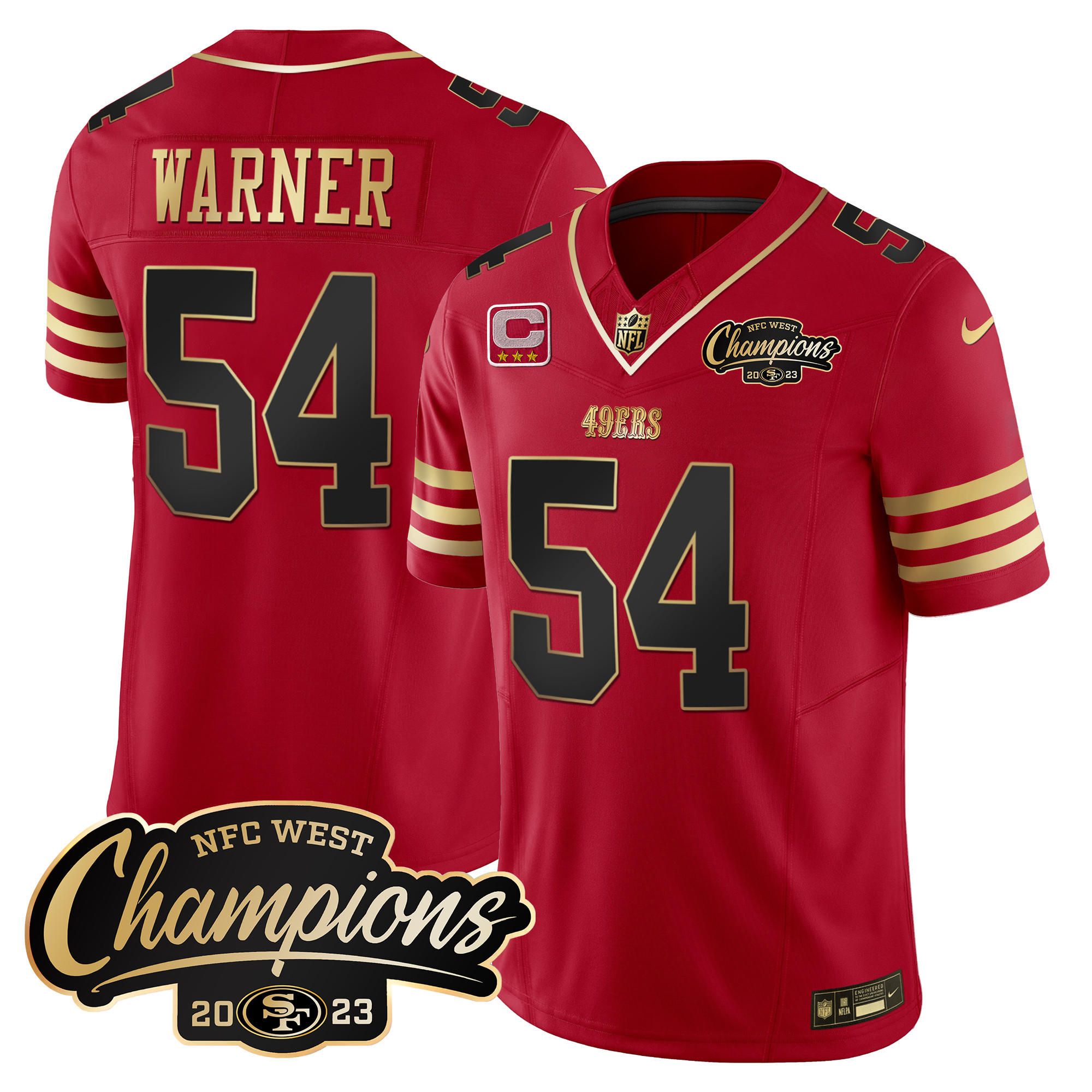 Men's Fred Warner San Francisco 49ers 2023 NFC West Champions Patch Vapor Black Scarlet Jersey - All Stitched