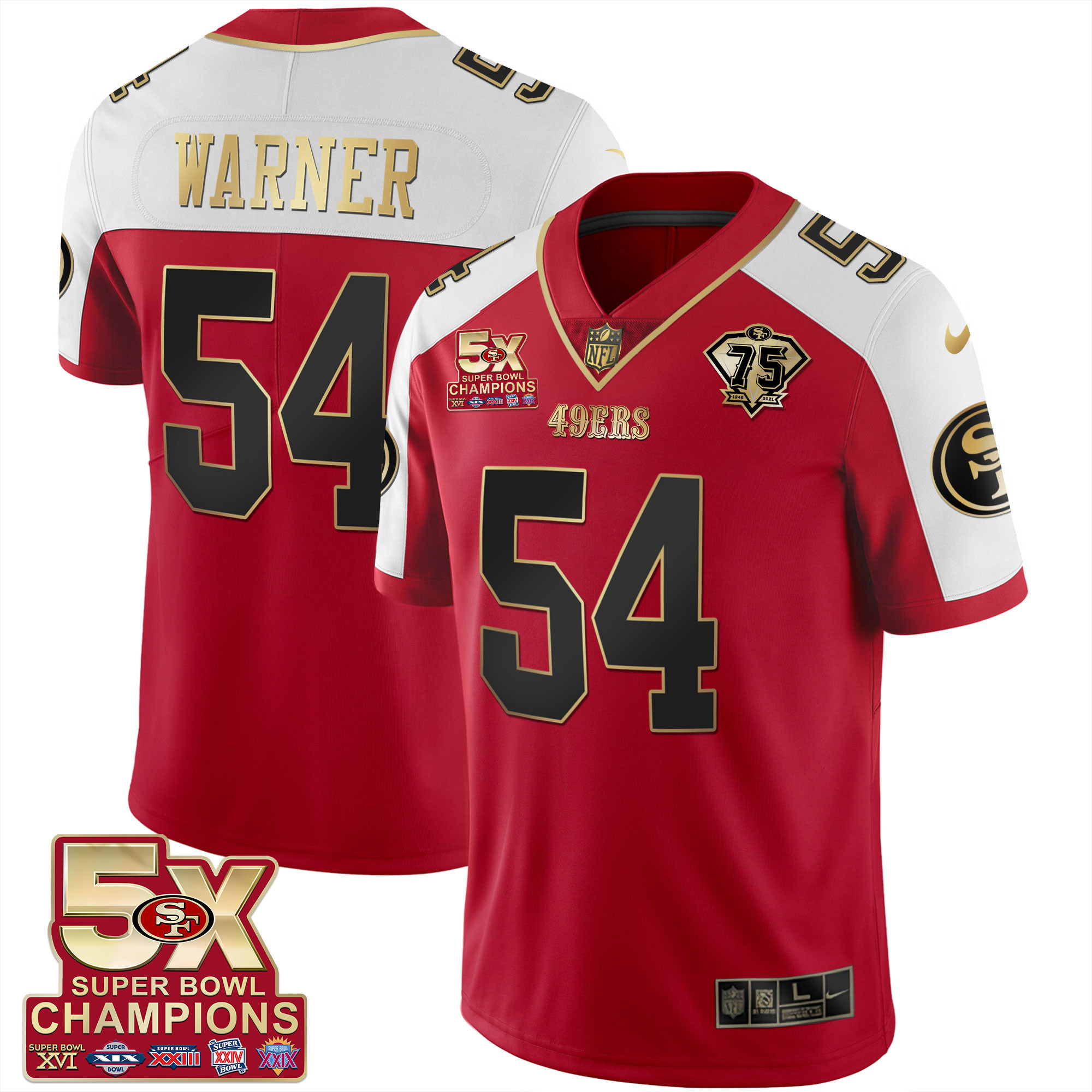 Men's Fred Warner San Francisco 49ers 5x Super Bowl Patch Black Red Vapor Red Alternate Jersey - Stitched