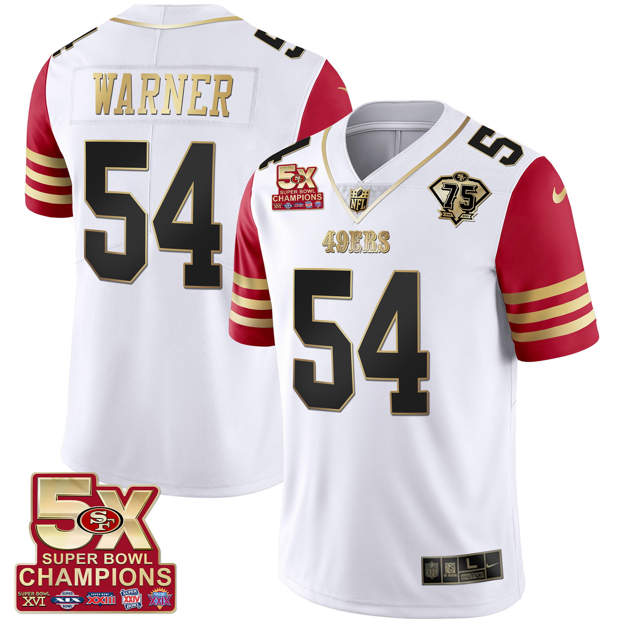 Men's Fred Warner San Francisco 49ers 5x Super Bowl Patch Black Red Vapor Red Sleeve Jersey - Stitched