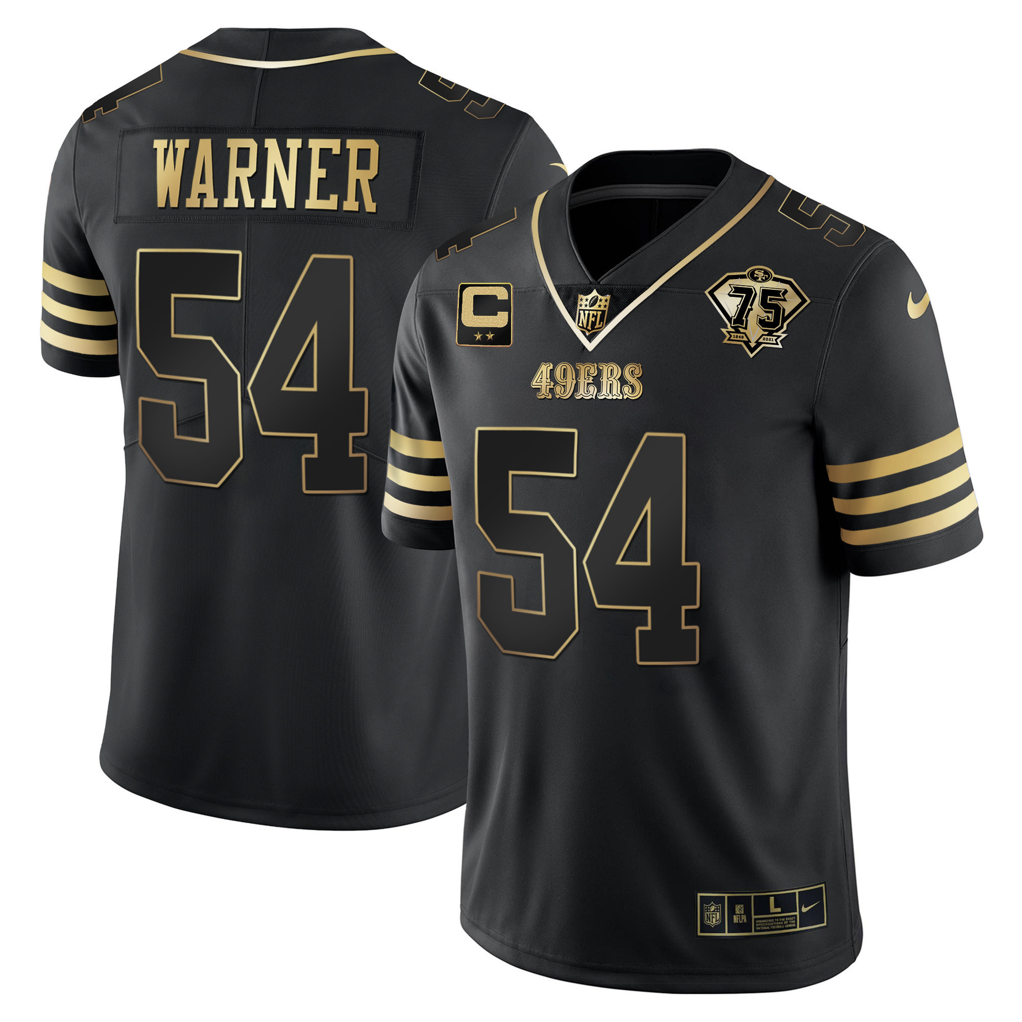 Men's Fred Warner San Francisco 49ers 75th Anniversary Patch Vapor Gold Black Gold Jersey - All Stitched