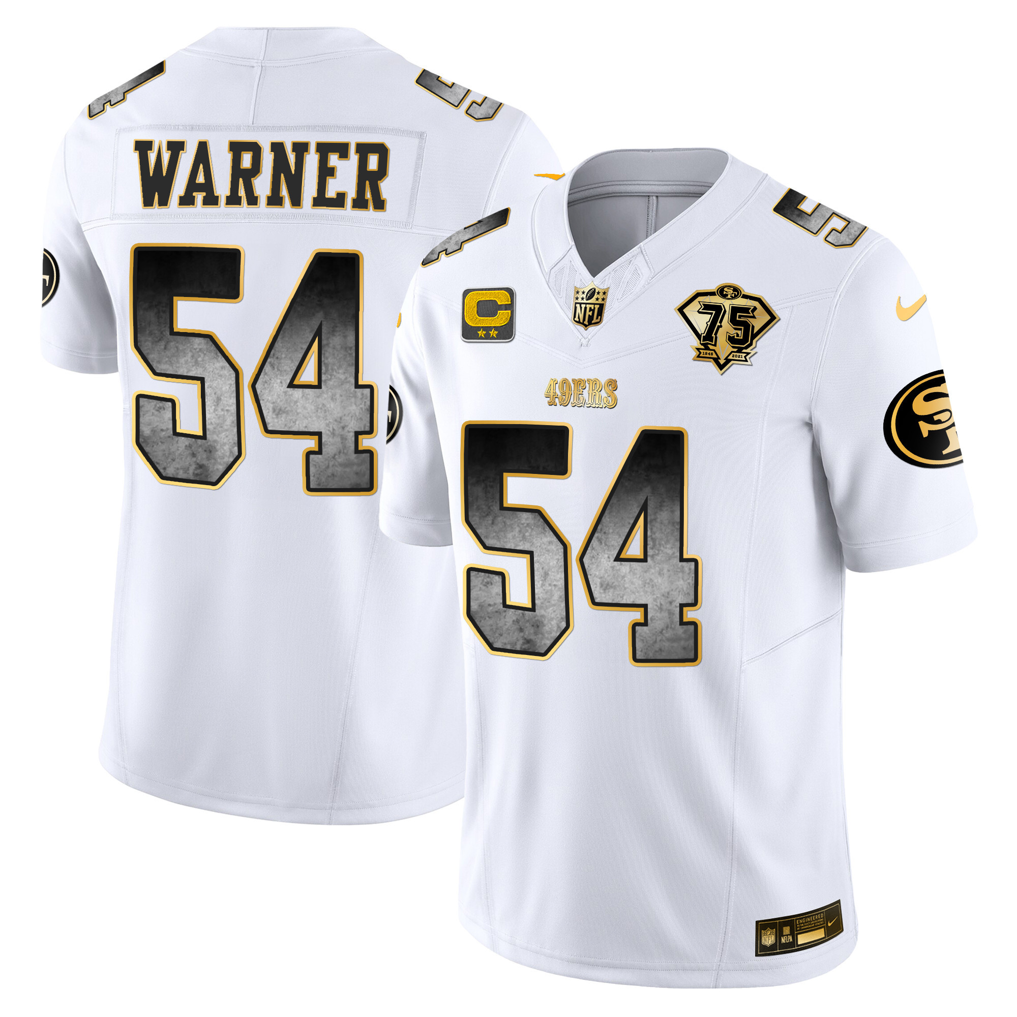 Men's Fred Warner San Francisco 49ers Arch Smoke Vapor White Gold Jersey - All Stitched