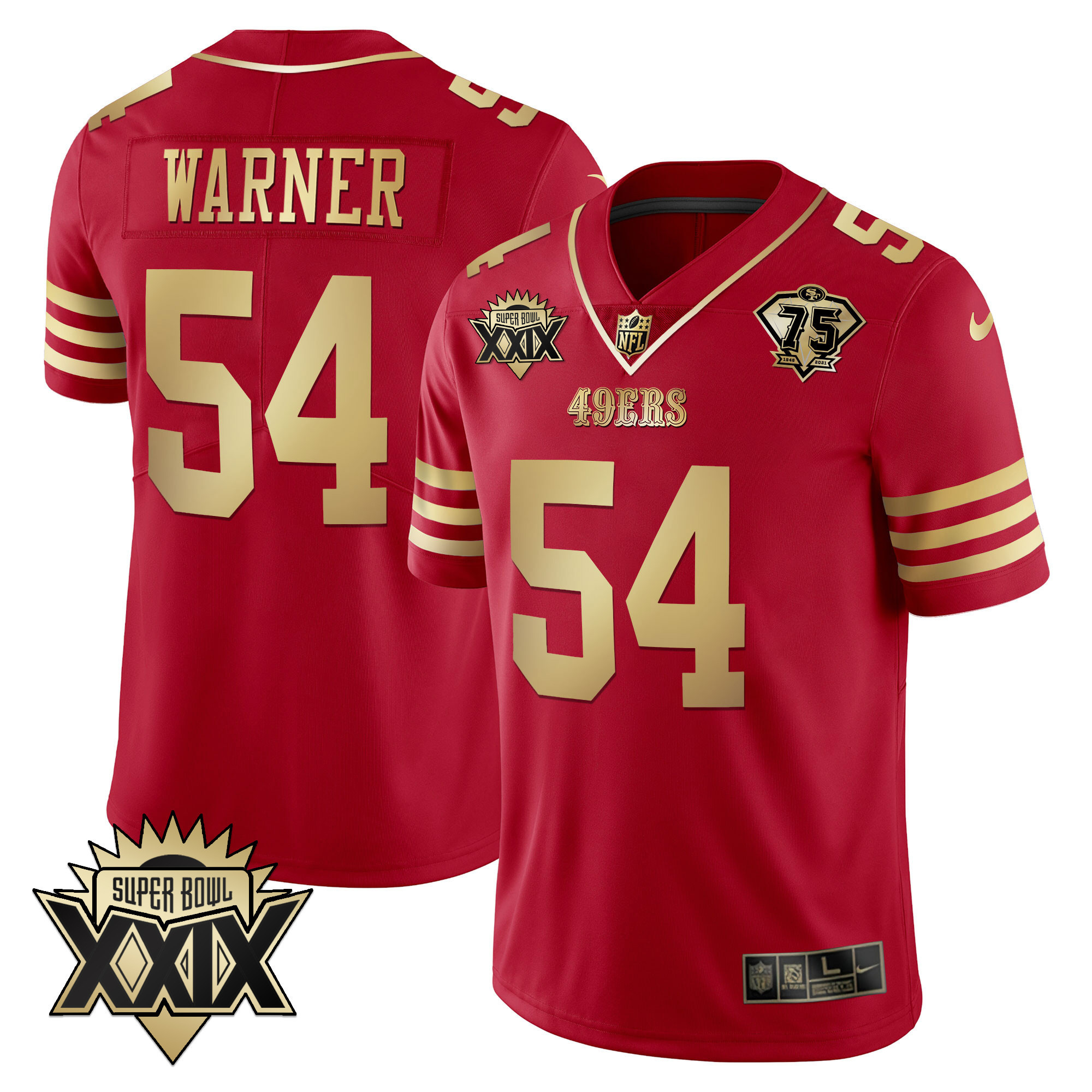 Men's Fred Warner San Francisco 49ers Super Bowl XXIX Patch Black Red Gold Red Gold Jersey - All Stitched