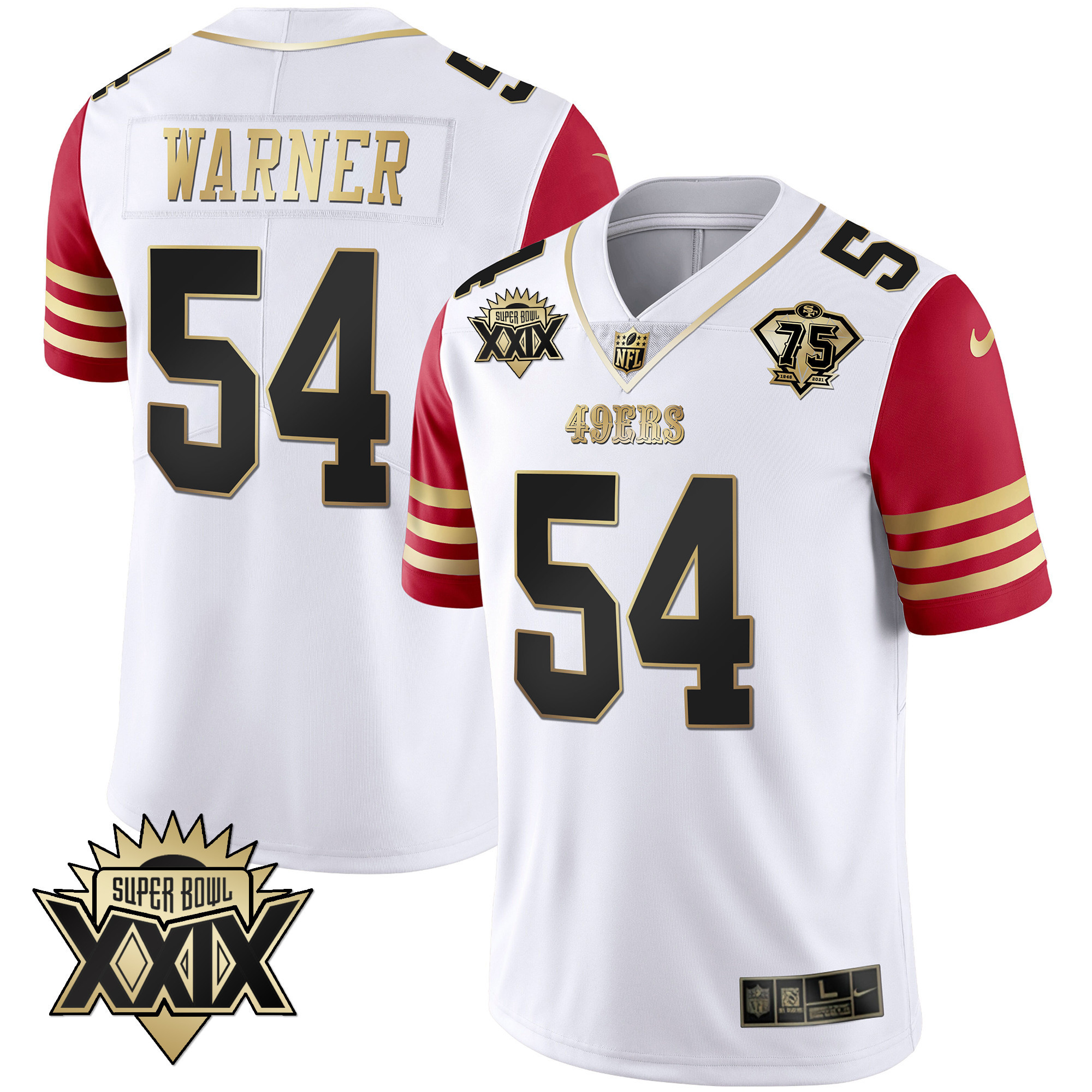 Men's Fred Warner San Francisco 49ers Super Bowl XXIX Patch Black Red Gold Red Sleeve Jersey - All Stitched
