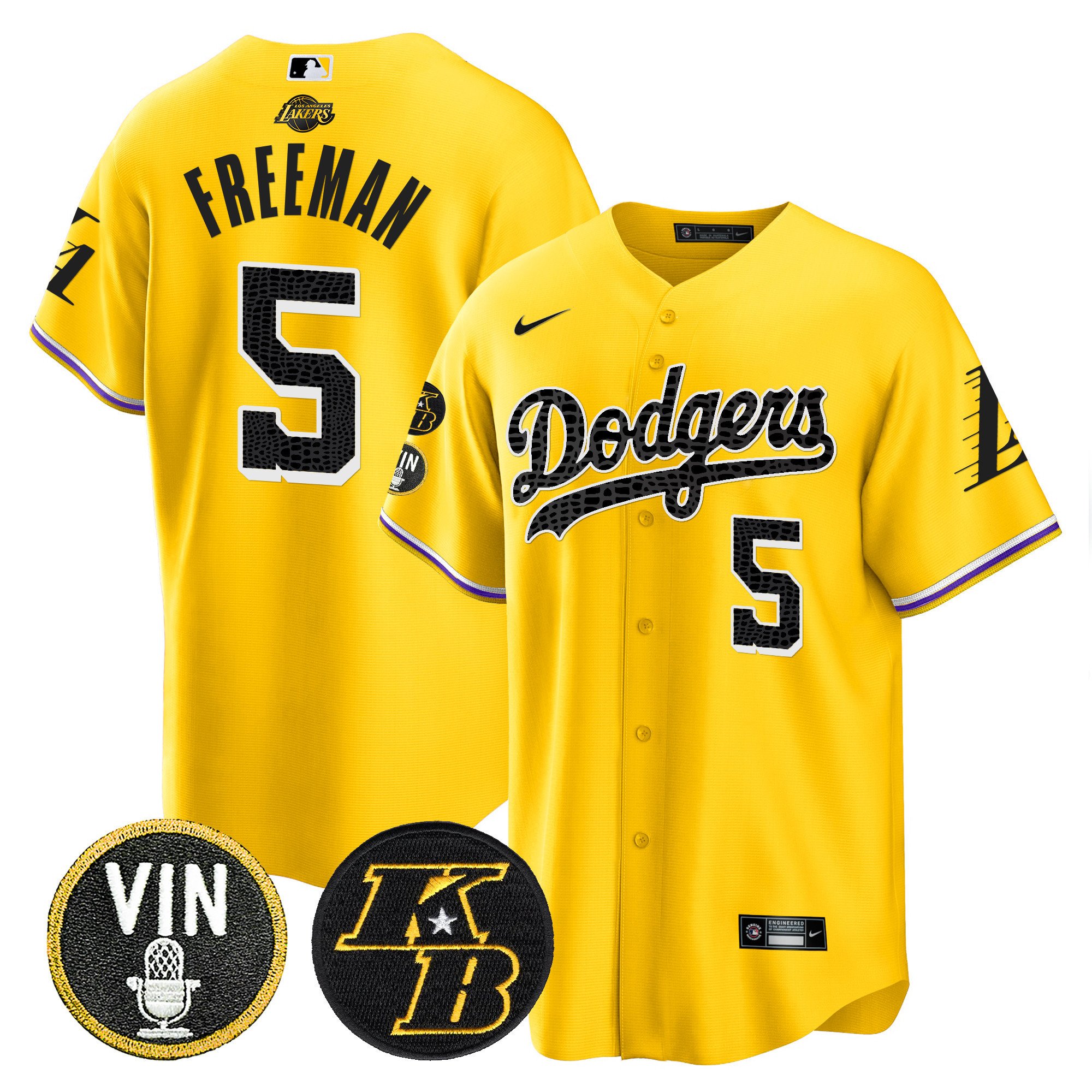 Men's Freddie Freeman Los Angeles Dodgers Bryant & Vin Patch Cool Base Mamba Gold Jersey - All Stitched