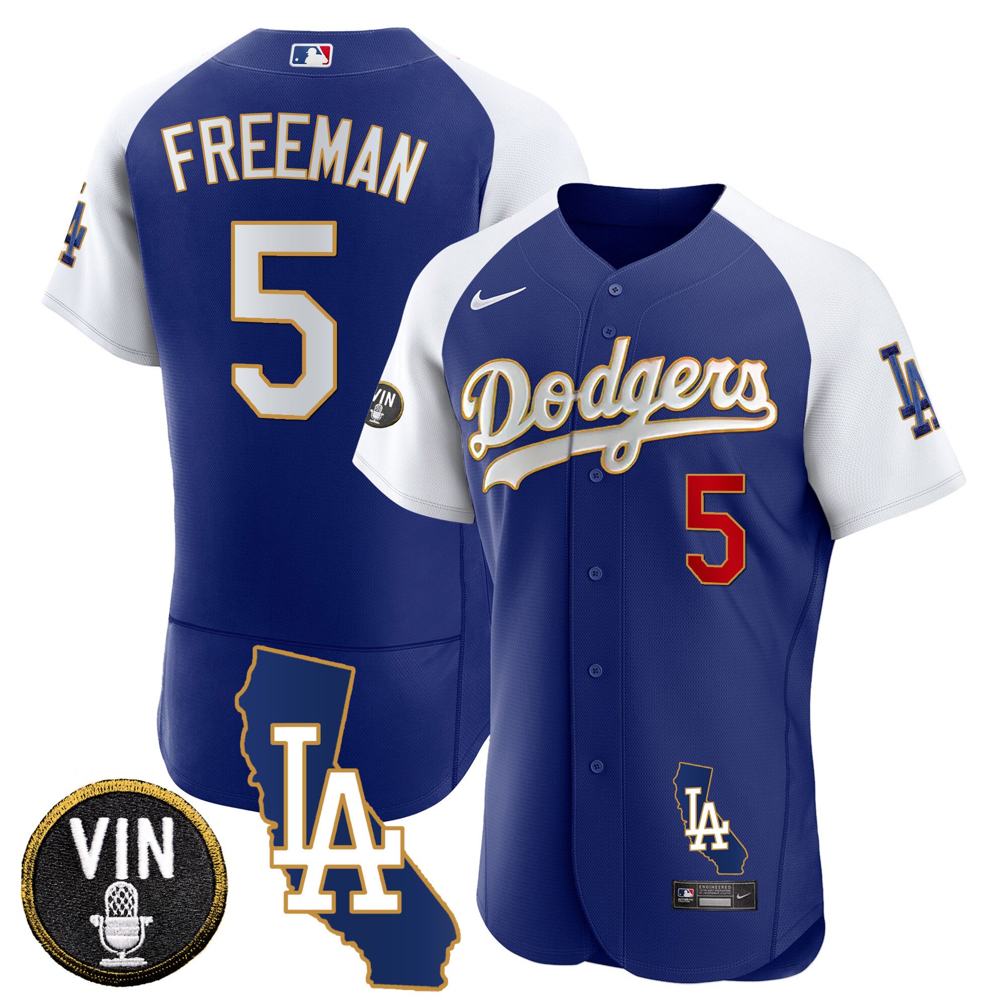 Men's Freddie Freeman Los Angeles Dodgers California Patch Gold Trim Flex Base Alternate Royal Jersey - All Stitched