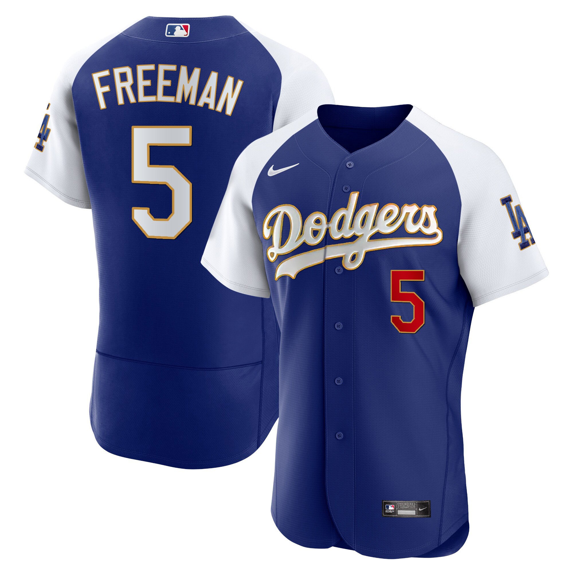 Men's Freddie Freeman Los Angeles Dodgers Gold Trim Flex Base Alternate Royal Jersey - All Stitched