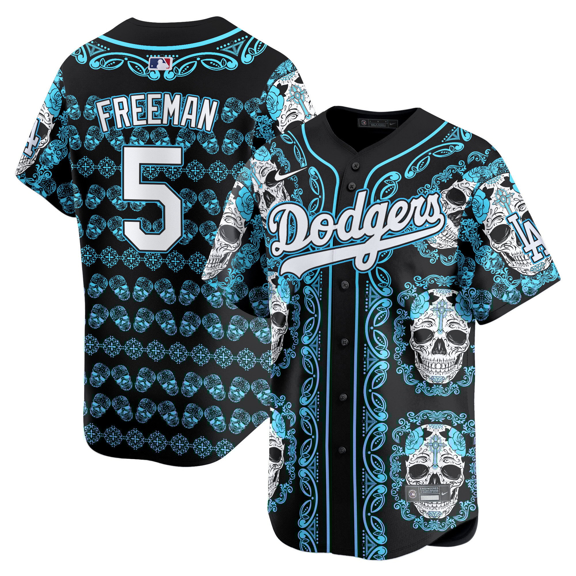 Men's Freddie Freeman Los Angeles Dodgers Paisley Sugar Skull Vapor Premier Limited Light Blue Jersey - Printed