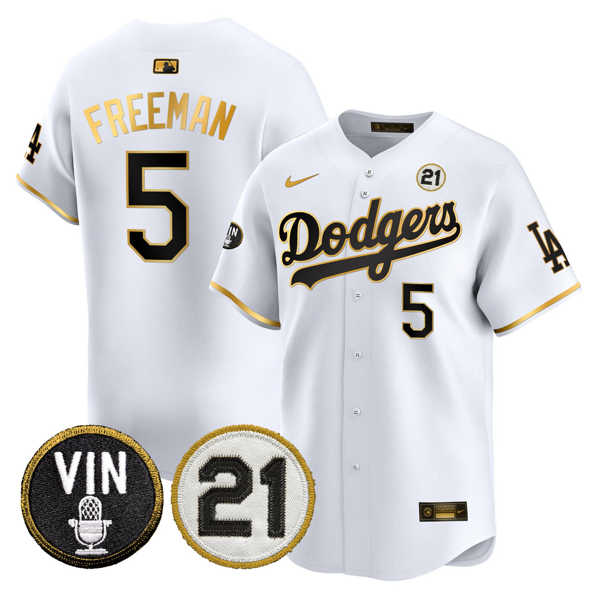Men's Freddie Freeman Los Angeles Dodgers Vin & Roberto Patch Gold Trim Vapor Premier Limited White Gold Jersey - All Stitched
