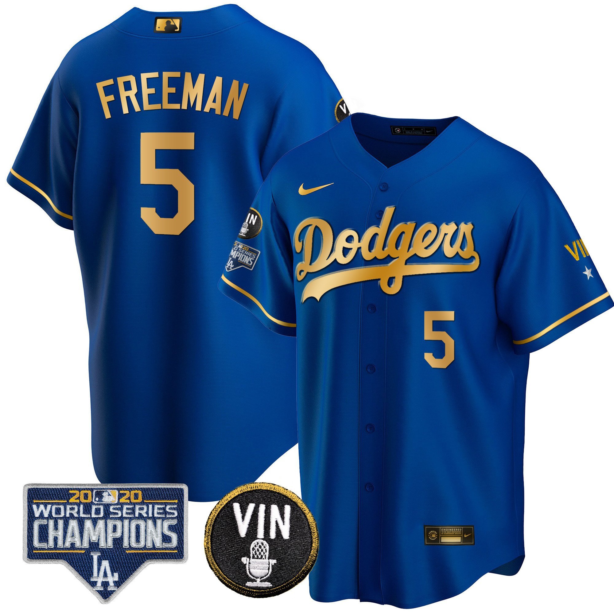 Men's Freddie Freeman Los Angeles Dodgers World Series & Vin Sculy Patch Gold Cool Gold Royal Jersey - All Stitched