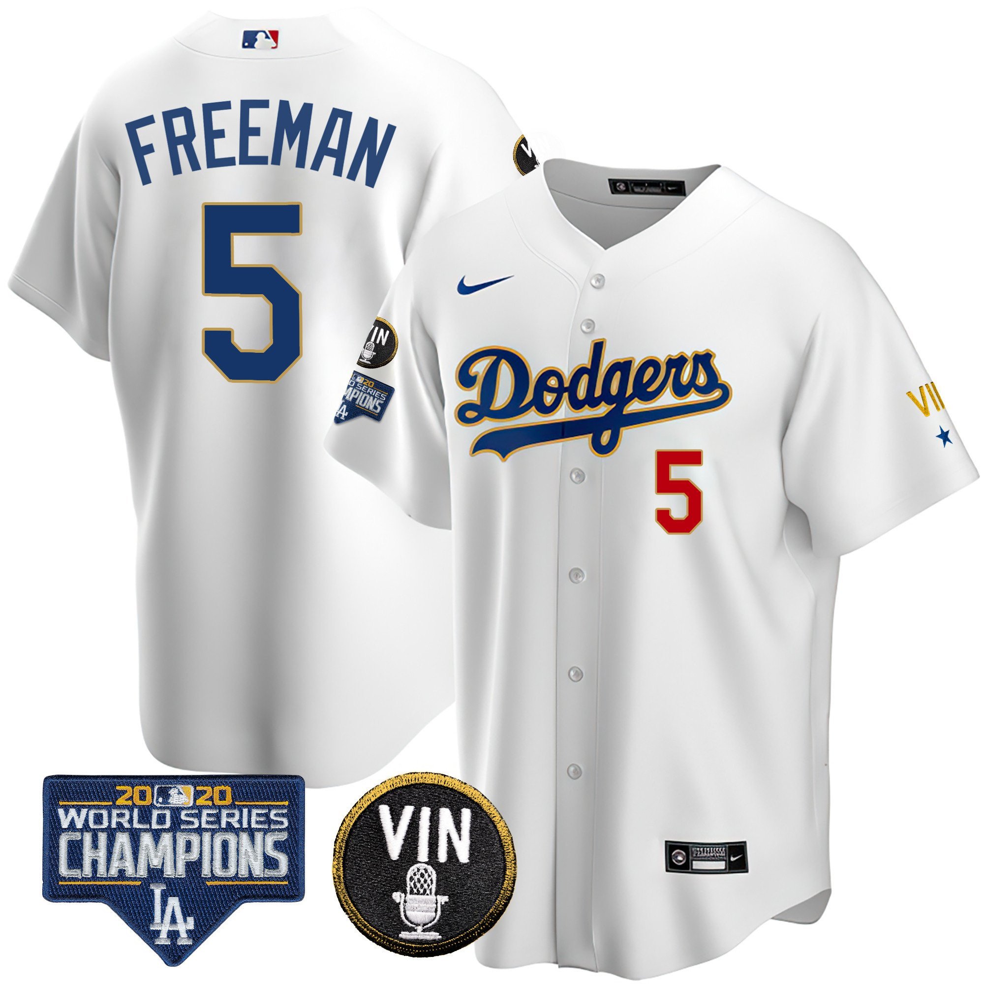 Men's Freddie Freeman Los Angeles Dodgers World Series & Vin Sculy Patch Gold Cool White Jersey - All Stitched