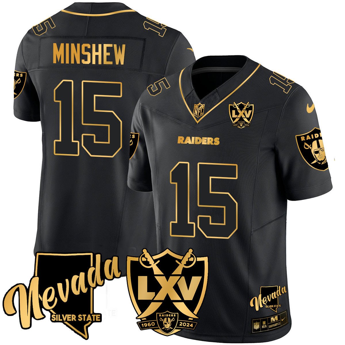 Men's Gardner Minshew Las Vegas Raiders 2024 Gold Vapor Limited Black Gold Jersey - 65th Anniversary - All Stitched