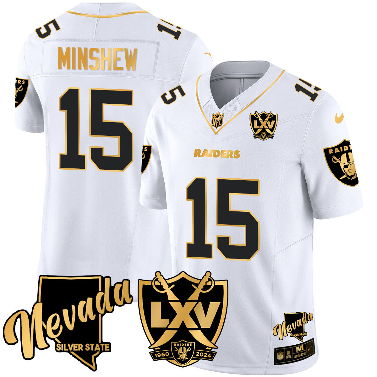 Men's Gardner Minshew Las Vegas Raiders 2024 Gold Vapor Limited White Gold Jersey - 65th Anniversary - All Stitched